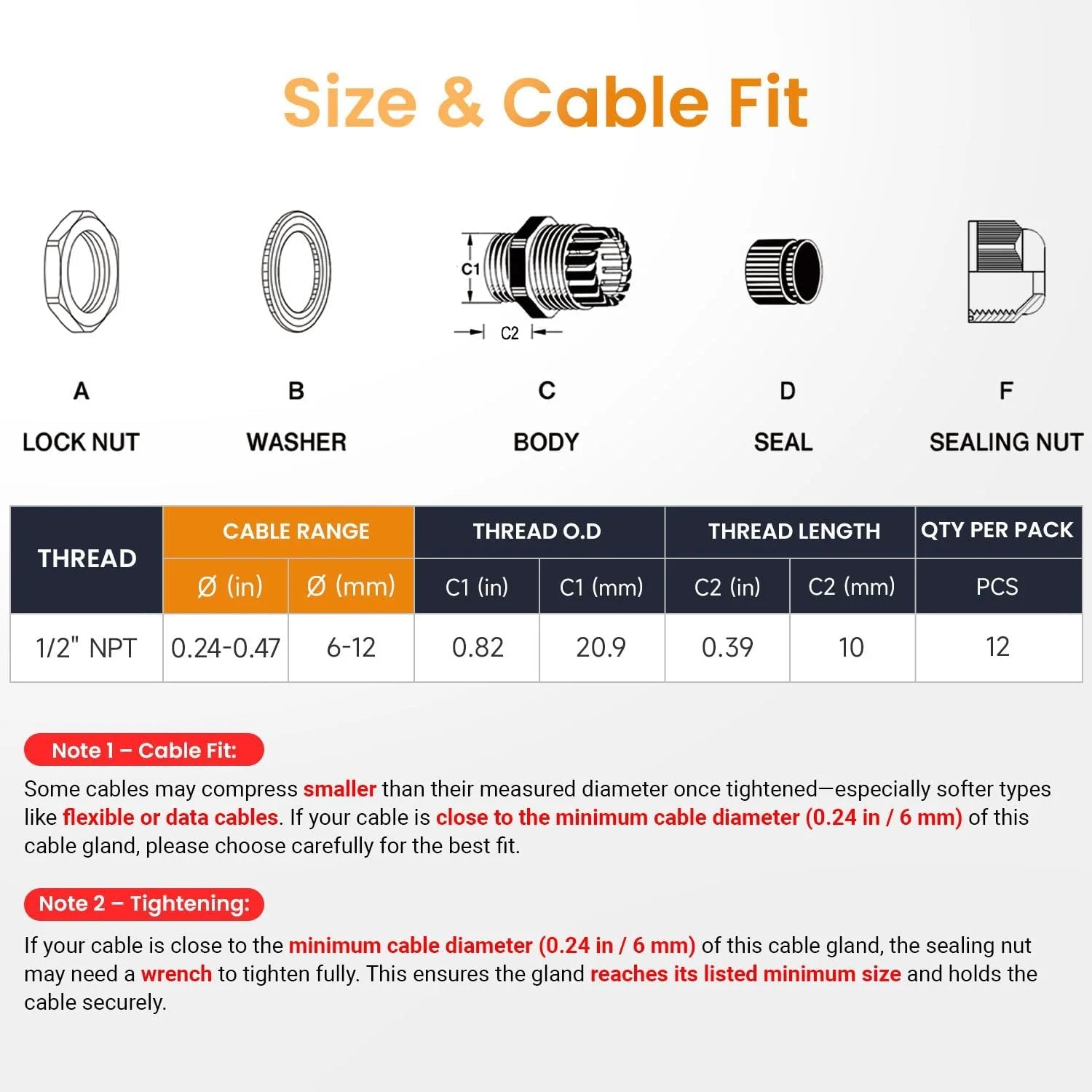 Size and cable fit diagram for 12 Pack Half Inch NPT Cable Glands Waterproof IP68 Nylon Pass Through Cord Grip Connector Strain Relief Wire Grommets For Electrical Enclosures Outdoor Use, showing components and dimensions.