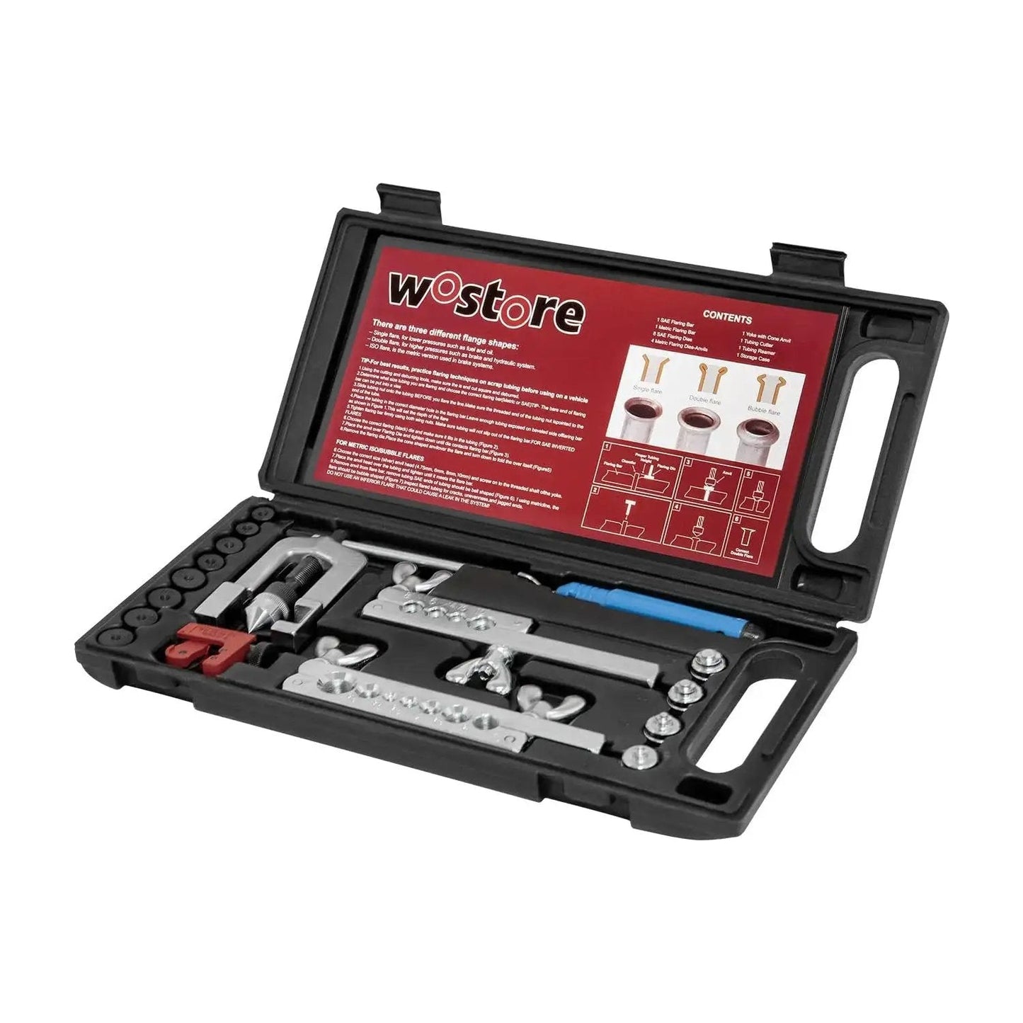 Brake Line Flare Kit for SAE Flares with Tubing Cutter and Pipe Reamer 7 Sizes in black case with tool compartments visible