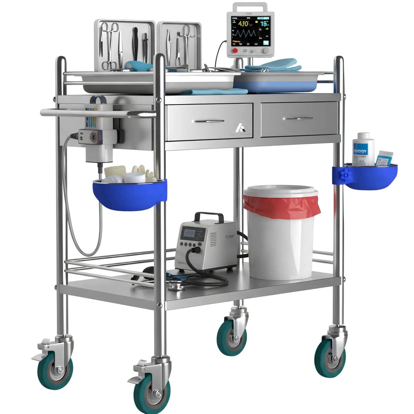 Improved Medical Stainless Steel Two Tier Rolling Cart with drawers, wheels, and medical supplies, designed for hospital use and easy cleaning.