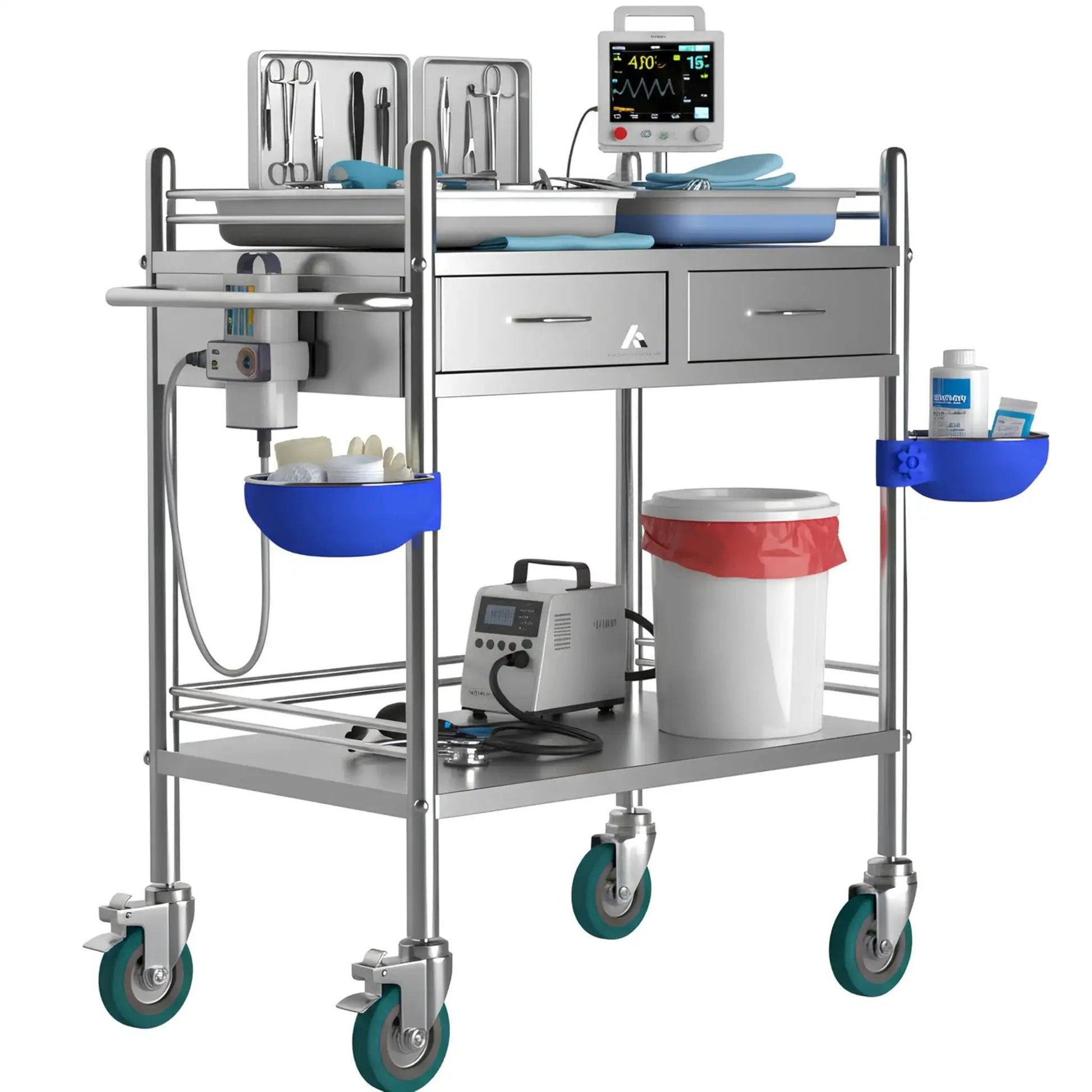 Improved Medical Stainless Steel Two Tier Rolling Cart with drawers, wheels, and medical supplies, designed for hospital use and easy cleaning.