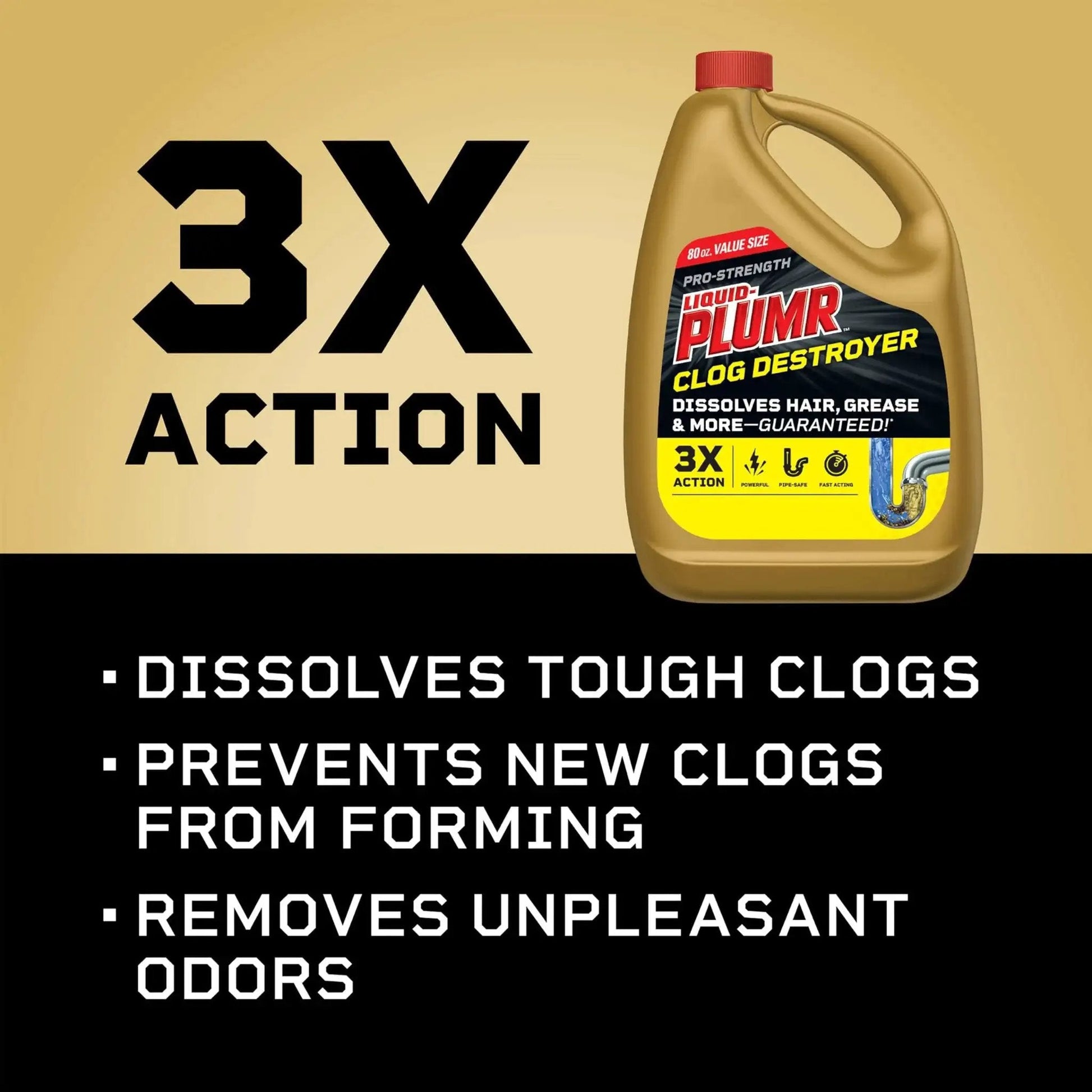 Image of Pro Strength Clog Destroyer Gel For Drains Liquid Drain Cleaner 80 Oz with 3X action label showing benefits.
