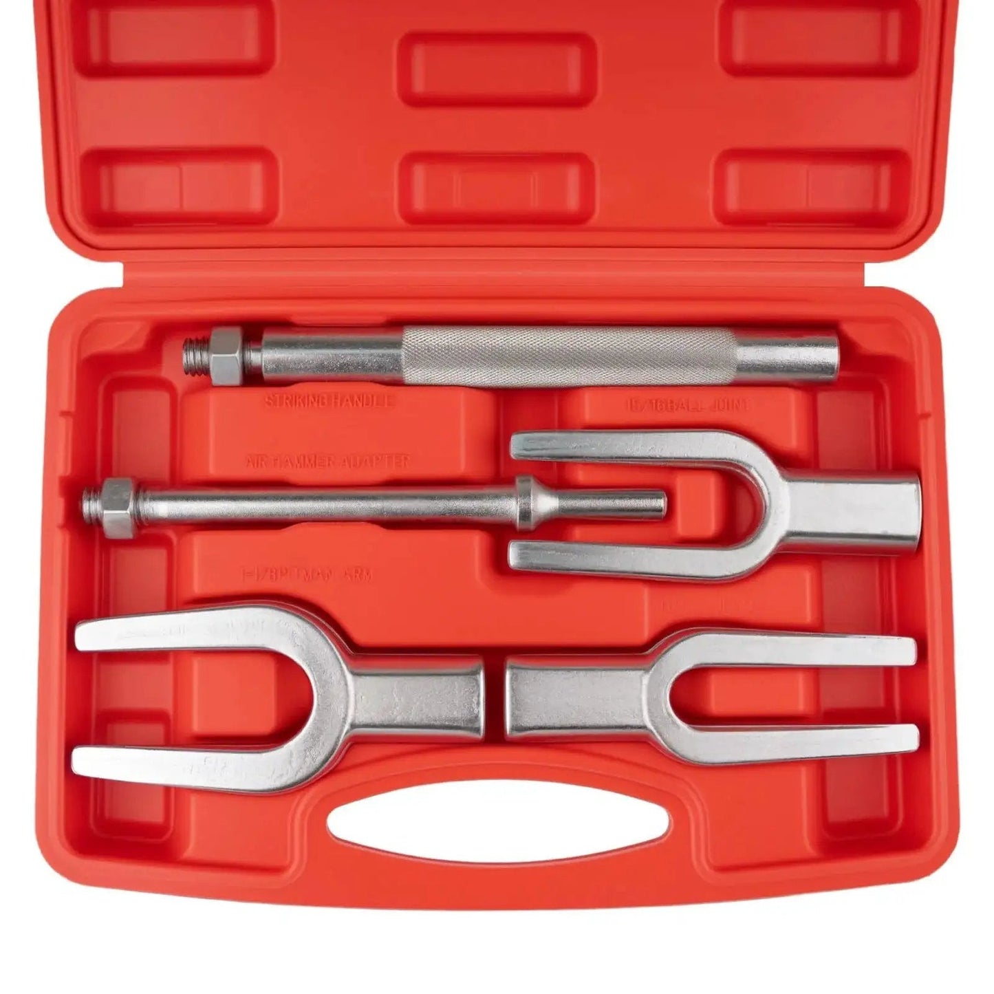 Heavy Duty Ball Joint Separator With Three Fork Sizes For Pitman Arm And Tie Rod Removal in red case, forged steel.