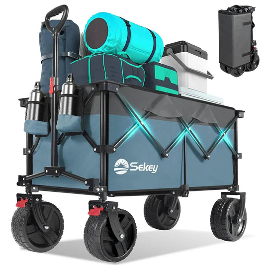 Extra Large Foldable Wagon With All Terrain Beach Wheels Heavy Duty Collapsible Cart For Camping Gardening And Sports in Blue and Gray