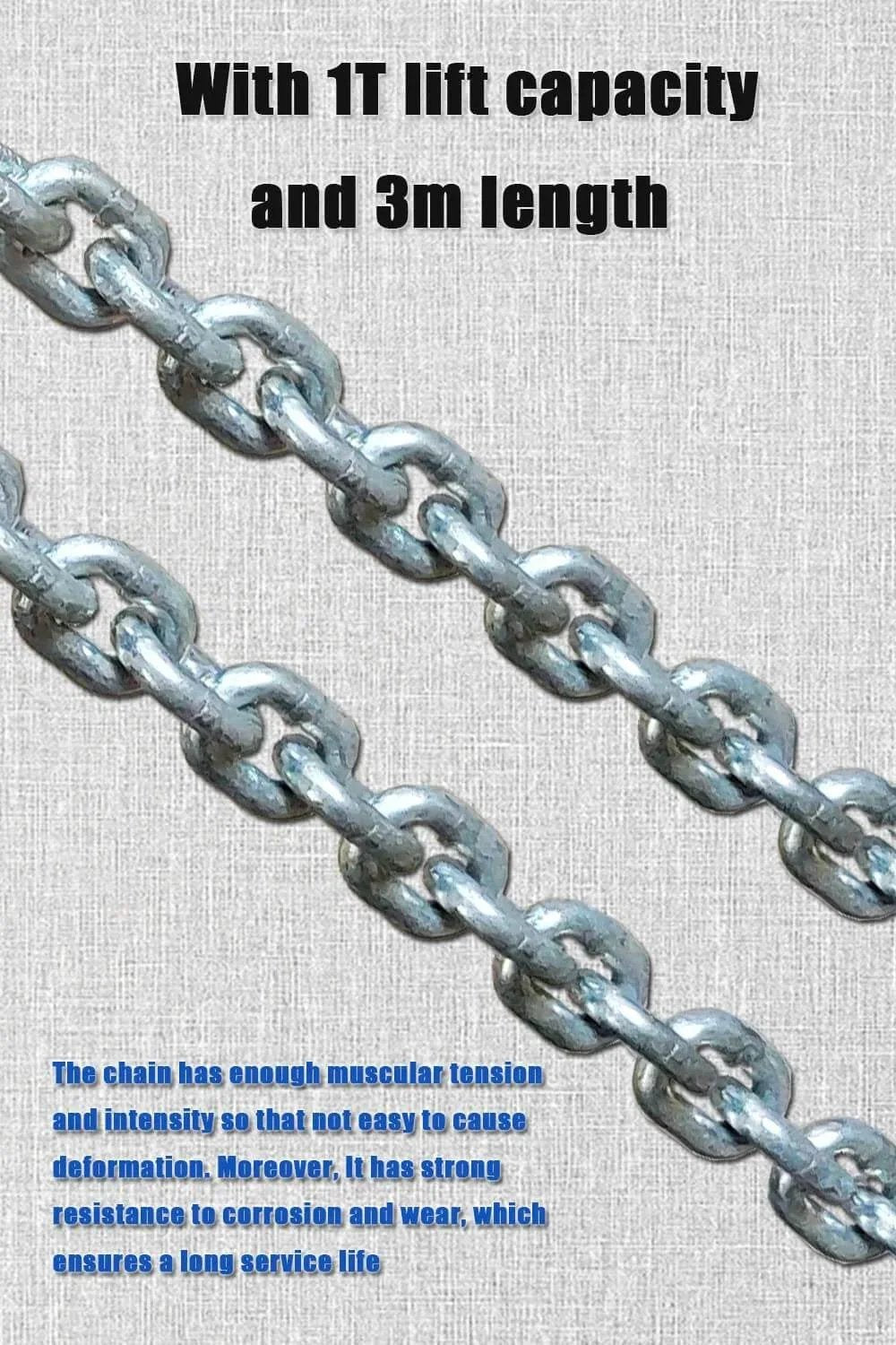 Close-up of galvanized chain for Lever Chain Hoist 2200 Lbs Capacity With 10 Ft Lift Height 1 Ton Industrial Grade Chain Hoist 3 Meter
