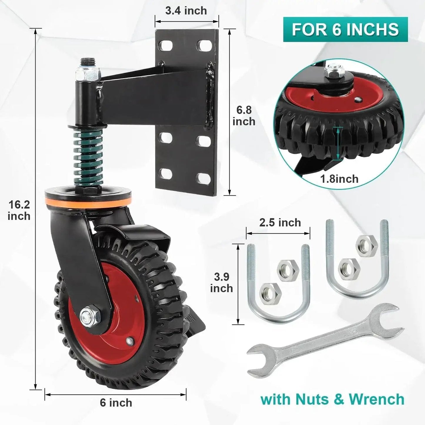 6 Inch Gate Wheels With Brake, 360 Degree Swivel, Spring Loaded Gate Rollers For Metal And Wood Gates, 500 Lbs Capacity