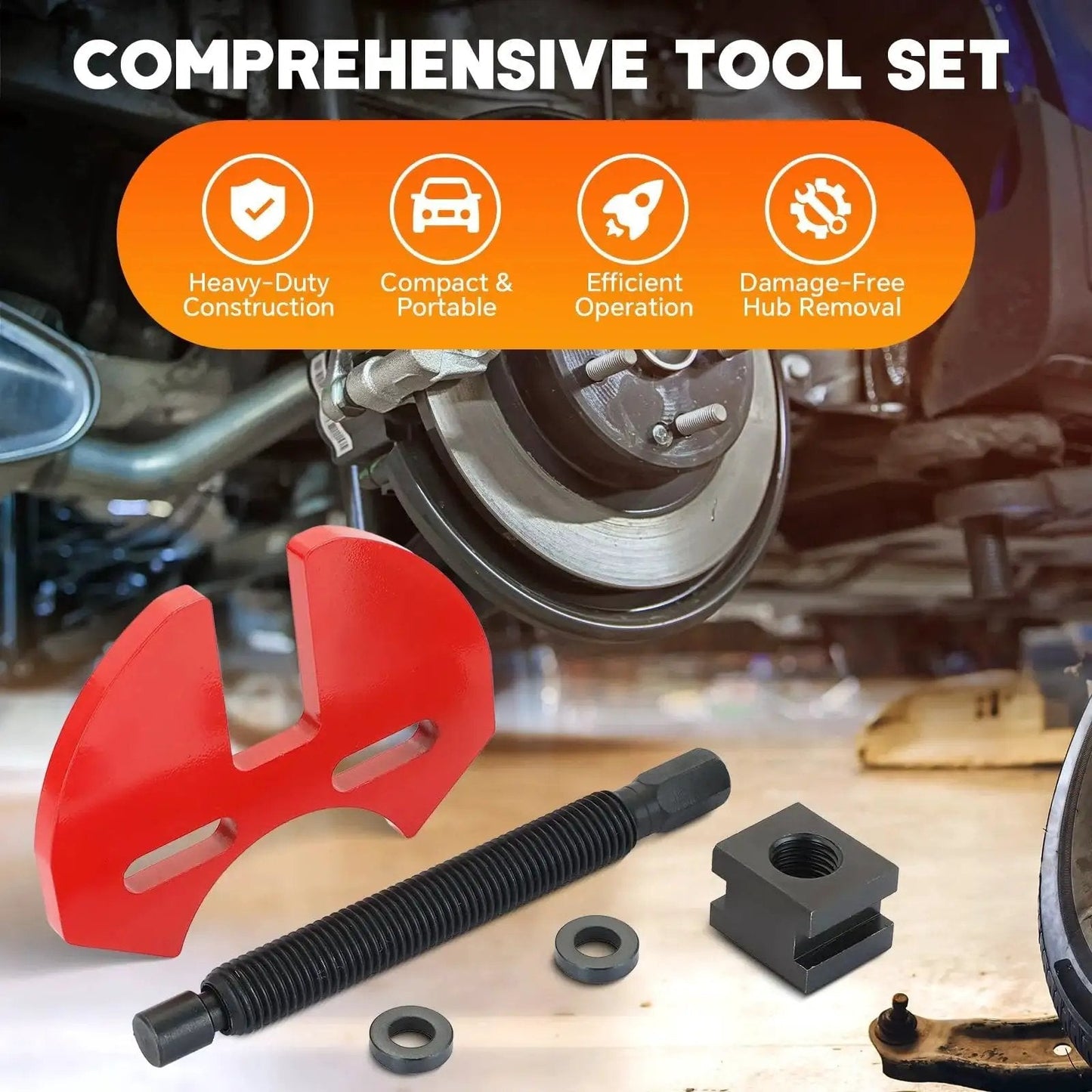 Wheel Hub Removal Tool Set for 5 Lug, 6 Lug, and 8 Lug Hubs shown with components for cars and trucks, displayed near axle part.