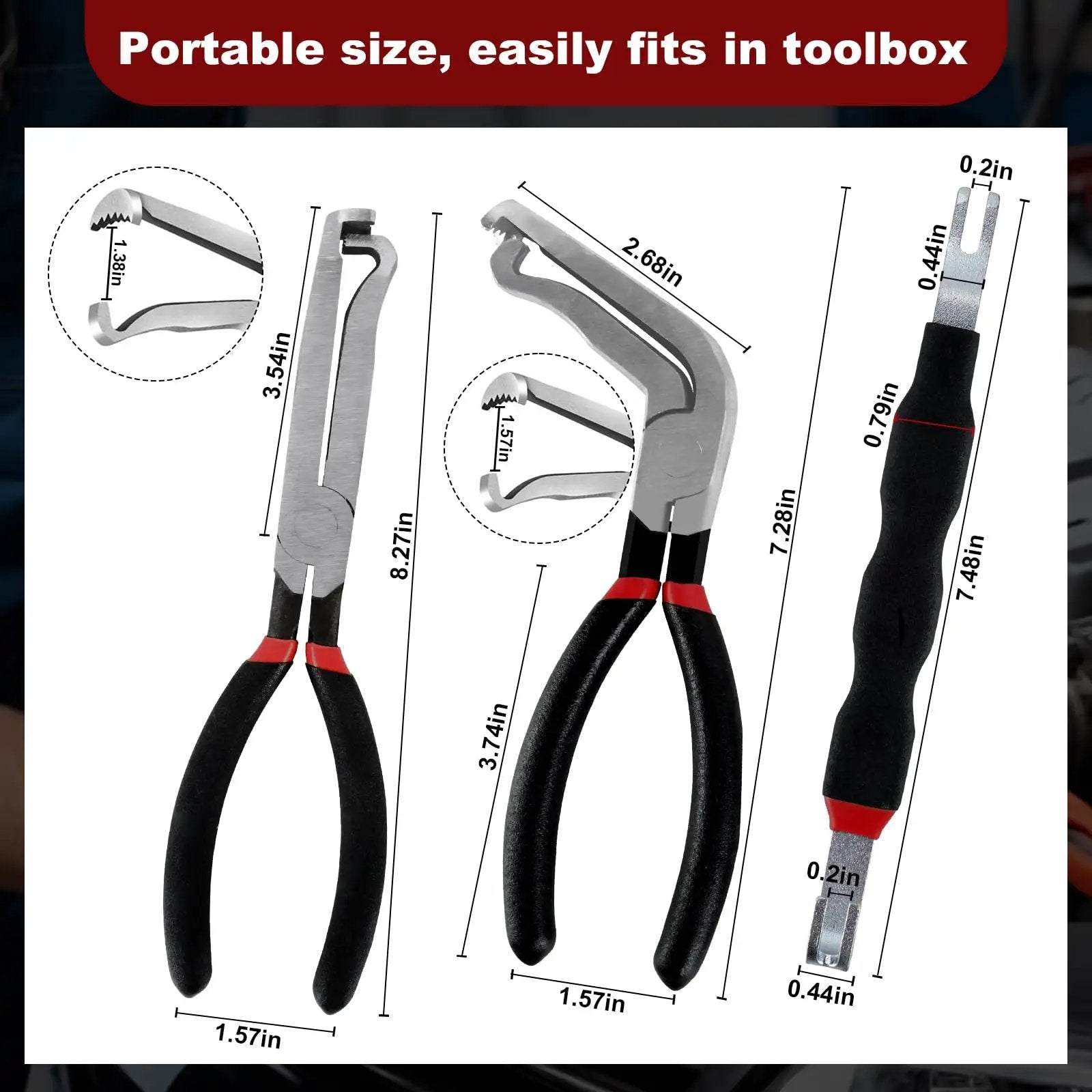4 Piece Automotive Electrical Disconnect Pliers Set 37960 Straight 37980 60 Degree 13120 Dual Head Carbon Steel Fuel Line Disconnect Tools for Cars Mechanics and DIYers displayed from the front showing sizes and features.
