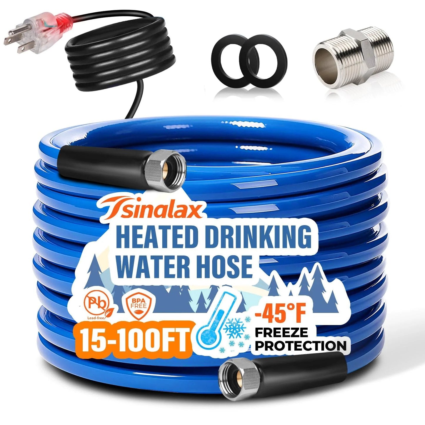 Heated Water Hose For RV And Outdoors 30ft With Minus Forty Five Degree Fahrenheit Freeze Protection Lead Free And BPA Free Drinking Water Safe Ideal For Campers Garden Livestock And Home Use With Smart Temperature Control. Image of blue coiled heated water hose with connectors.