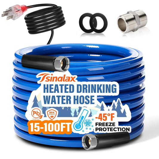 Heated Water Hose For RV And Outdoors 30ft With Minus Forty Five Degree Fahrenheit Freeze Protection Lead Free And BPA Free Drinking Water Safe Ideal For Campers Garden Livestock And Home Use With Smart Temperature Control. Image of blue coiled heated water hose with connectors.