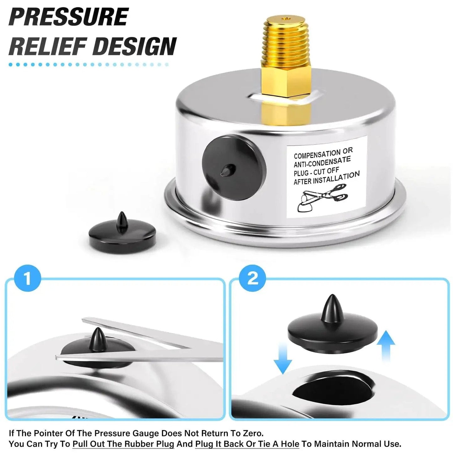 Back view of Stainless Steel Liquid Filled Pressure Gauge with pressure relief design and rubber plug.