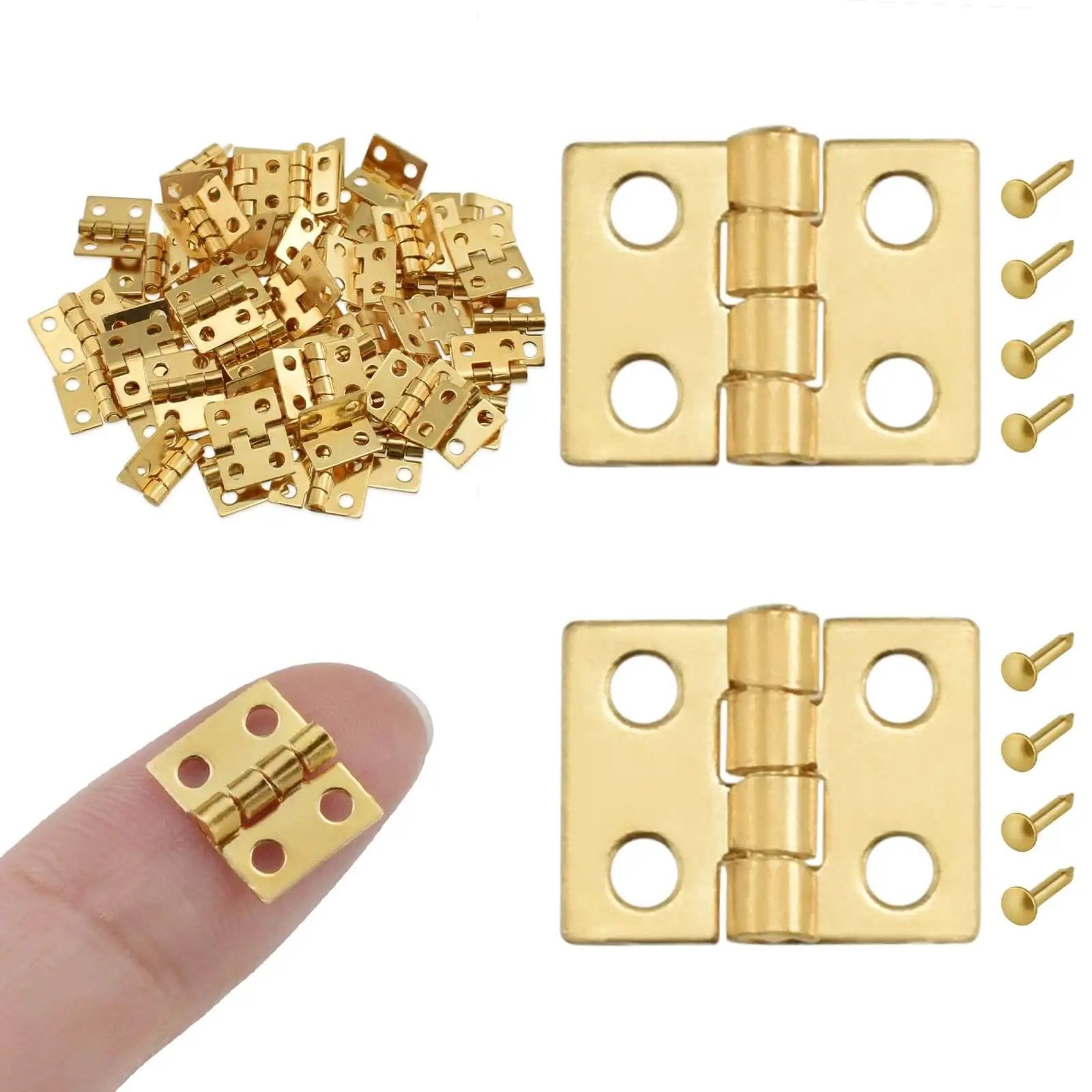 ZIUZI 60Pcs Mini Hinges, 270 Degree Rotation Miniature Furniture Hardware, 10x8mm Gold Tiny Hinges with Mounting Nails for Jewelry Box Closet DIY Accessories