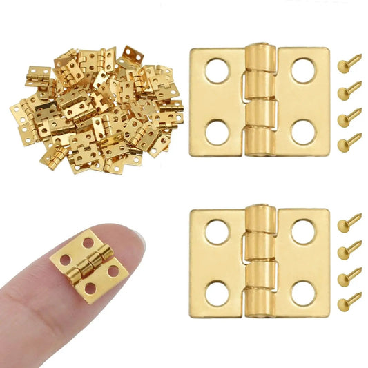 ZIUZI 60Pcs Mini Hinges, 270 Degree Rotation Miniature Furniture Hardware, 10x8mm Gold Tiny Hinges with Mounting Nails for Jewelry Box Closet DIY Accessories