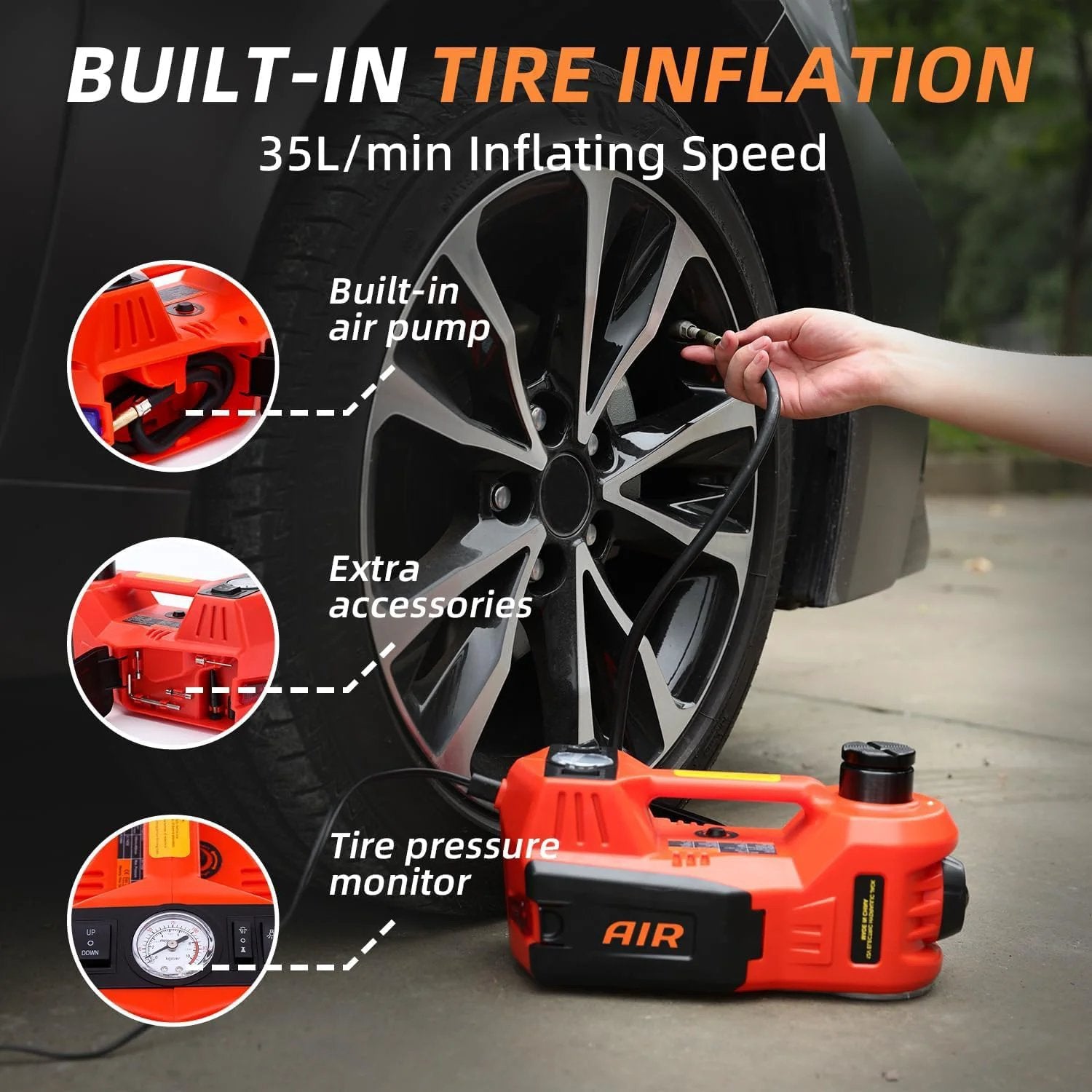 Powerful 5Ton Electric Car Jack With Quick Hydraulic Lift Portable 12V Floor Jack Tire Inflator LED Light And Full Accessory Kit For Cars SUVs And Trucks with built-in air pump and pressure monitor in use.