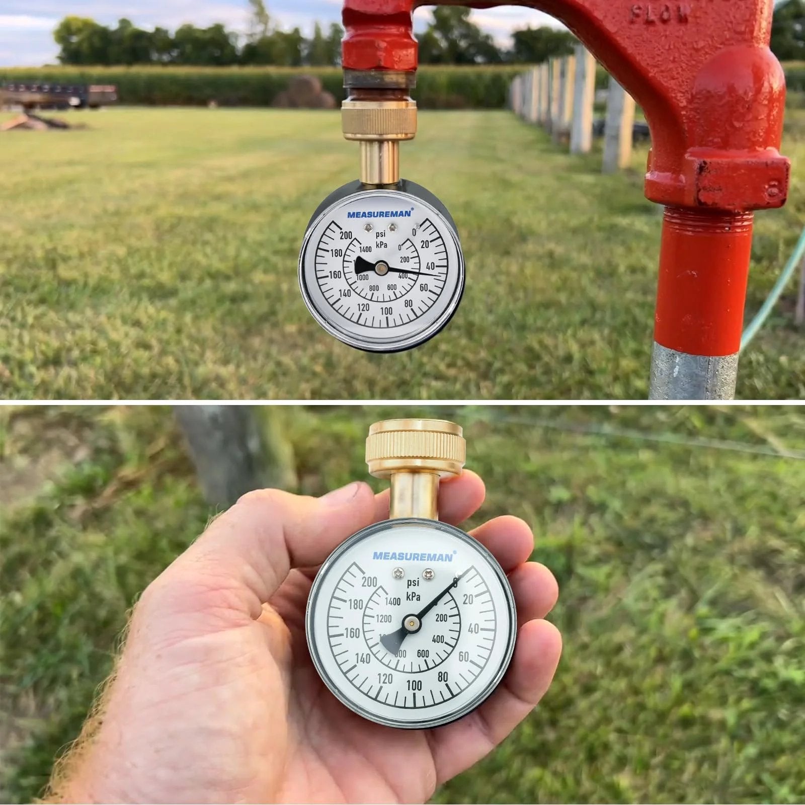 Water Pressure Gauge 0 To 200 PSI With Two And A Half Inch Dial And Three Quarter Inch Hose Thread Built Tough In A Waterproof Case For Home Hose Bibs Easy Read Plumbing Meter For Outdoor Water Systems installed on red outdoor faucet, handheld close-up view