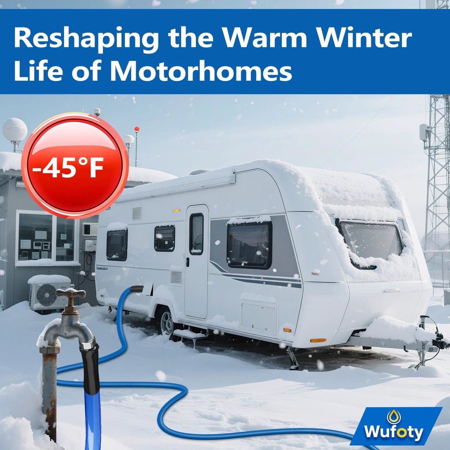 Heated Water Hose For RV And Camping 15 Ft With 0.5 Inch Inner Diameter Anti Freezing To Minus 47F Drinking Water Safe Hose Built For Trails Campers Farms Livestock And Outdoor Adventures Wufoty installed on a snowy motorhome