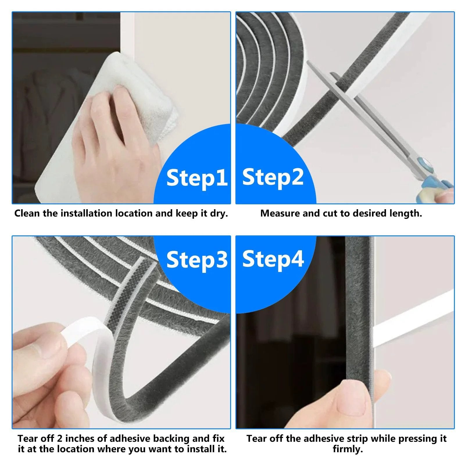 Installation steps of Door Draft Stopper With Felt Pile Weather Stripping For Doors And Windows 33 Feet Long Self Adhesive Blocker.
