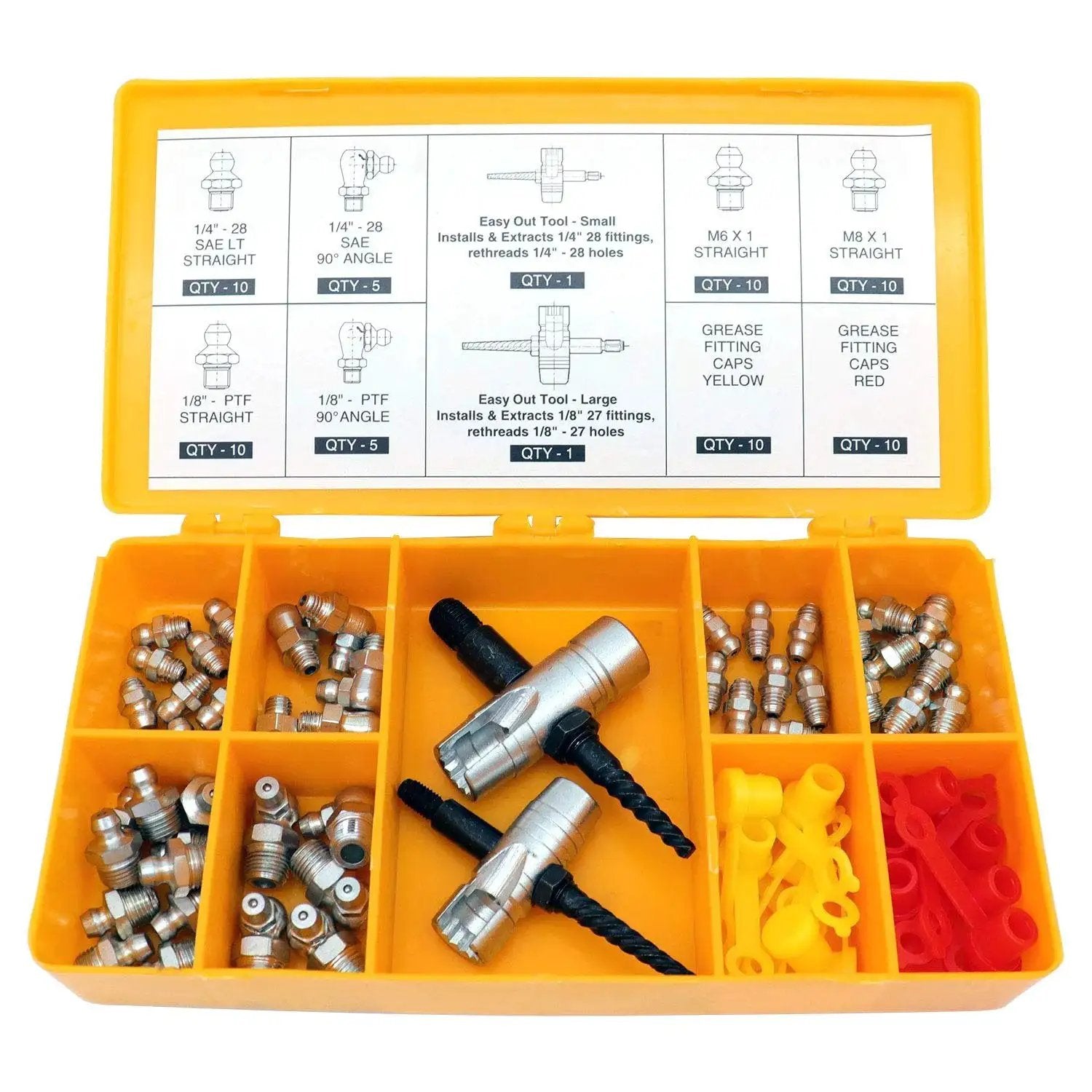 Complete Grease Fitting Replacement Kit With SAE And Metric Zerks For Straight And Ninety Degree Fittings Ten Each Of One Eighth NPT One Quarter Twenty Eight SAE LT Six By One Metric Eight By One Metric Includes Two Multi Tools And Twenty Caps LockNLube in open yellow case showing contents