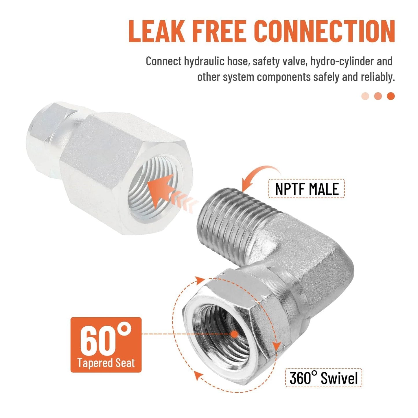 Five Pack 90 Degree Hydraulic Elbow Fittings 1 Quarter NPTF Male To 1 Quarter NPSM Female With Protection Cover And Swivel Crimp Connector For High Pressure Hydraulic Hose Up To 5000 Psi shown in close-up view with leak-free connection details