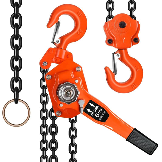 6 Ton Manual Lever Chain Hoist With 20 Ft Lift Height Heavy Duty Come Along Winch Dual Pawl Brake, orange body, black chain