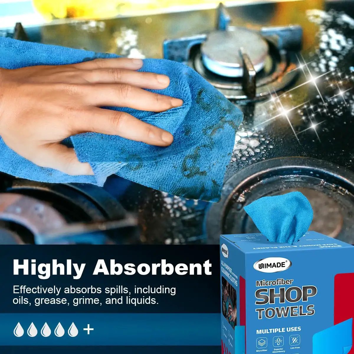 Hand using Microfiber Shop Towels 100 Sheets Dispenser Pack Lint Free For Auto Garage Blue on stove
