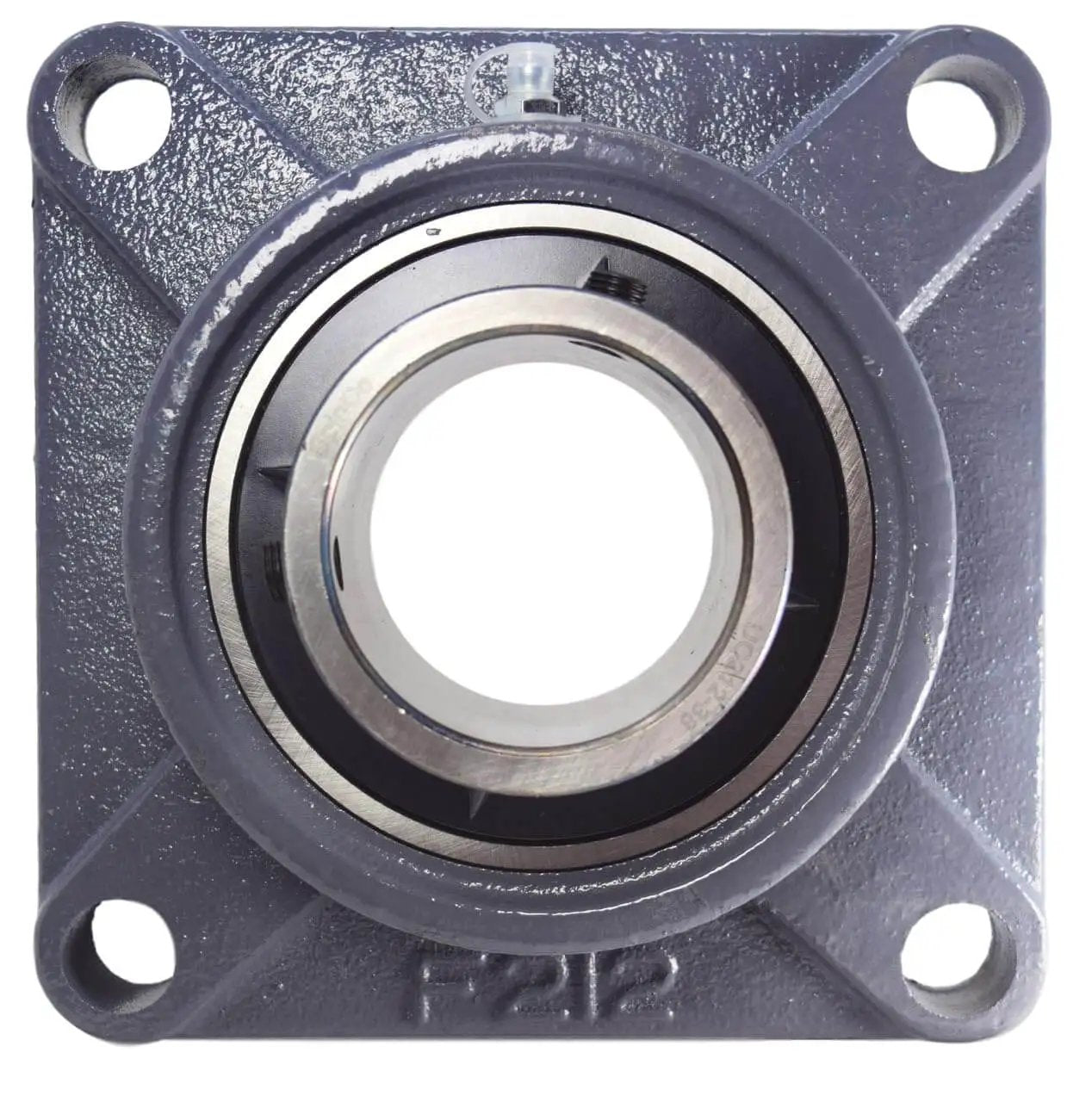 Front view of 2-3/8 Inch Four Bolt Flange Bearing With Two Set Screws UCF212-38 F4B-SC-206 Cast Iron Housing Grease Zerk