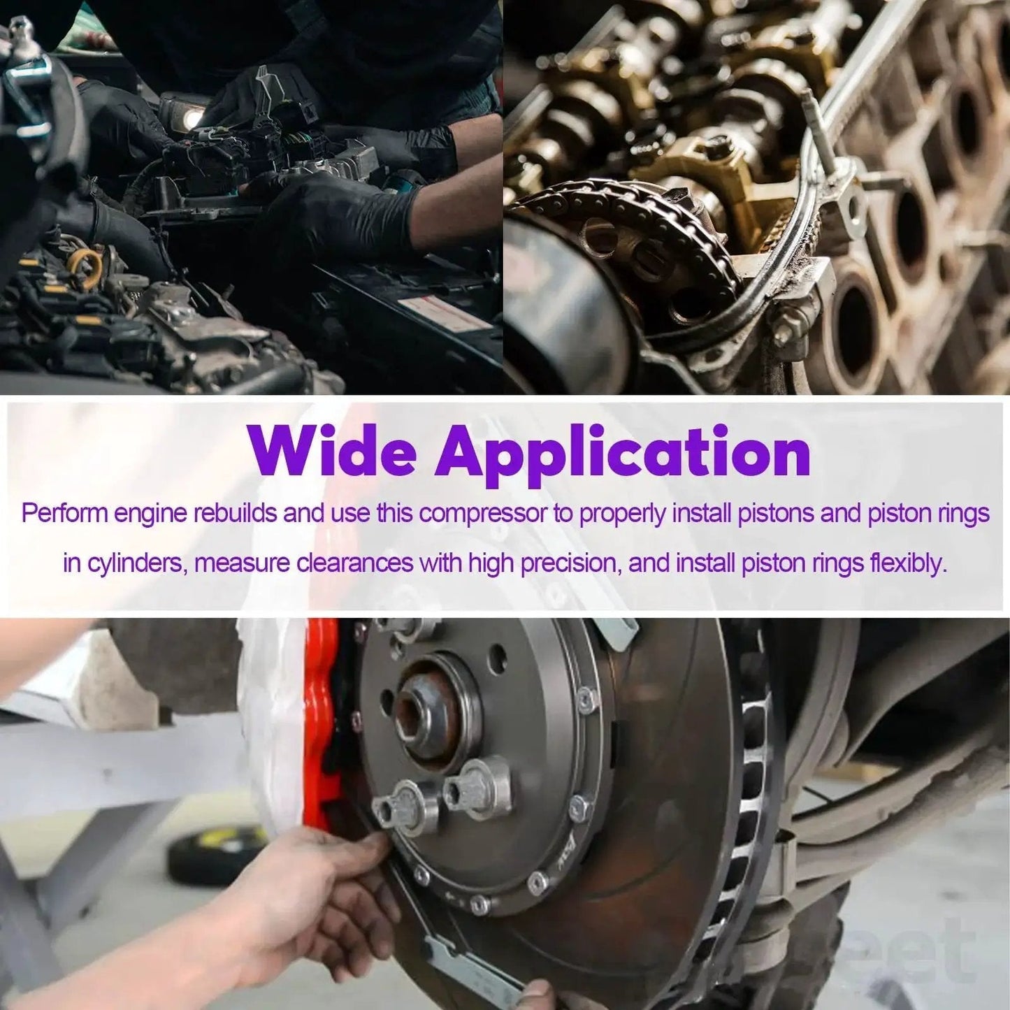 Image showing car engine with tools from 8Pcs Piston Ring Compressor Kit With Adjustable Installation Pliers And Wrench Pro Grade Includes 3 Inch 4 Inch And 6 Inch Compressors Stainless Steel Feeler Gauge Assortment For Car Engine Piston Installation And Removal in use for engine rebuilds.