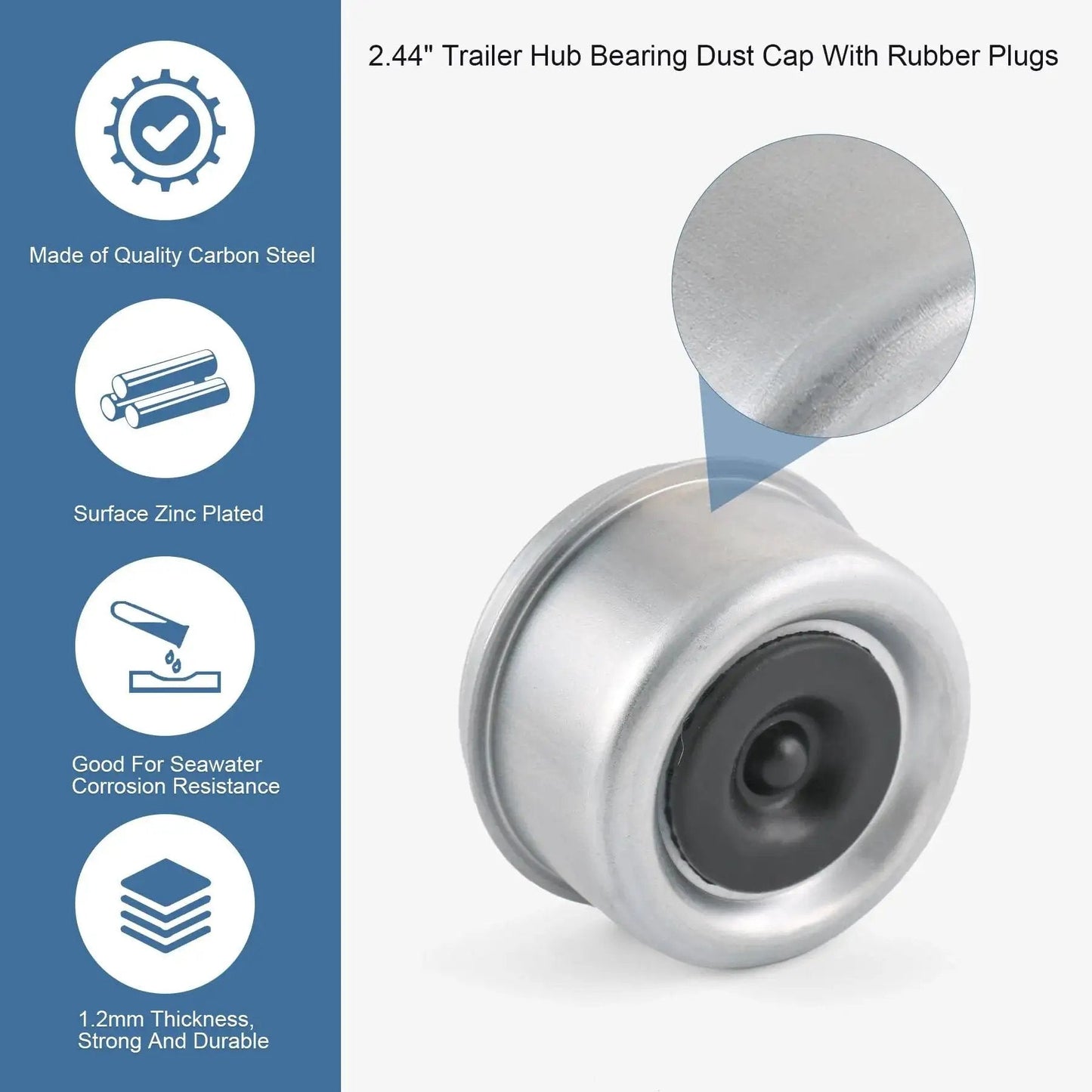 Four Pack 2.46 Inch Trailer Hub Bearing Dust Caps With Extra Rubber Plugs For Most 5200 To 6000 Pound Axles Dexter Axle Cup Grease Covers Heavy Duty Zinc Plated Carbon Steel Durable And Rust Resistant image showing close-up of one cap
