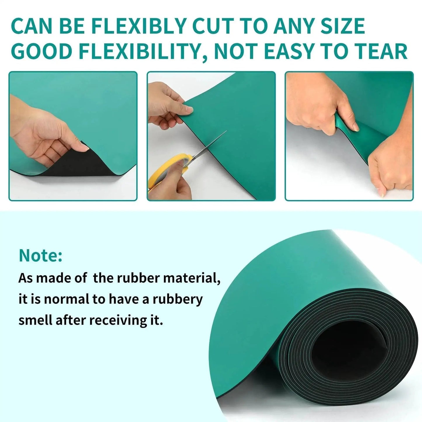 Large ESD Grounding Desk Mat Roll 23.6 By 118 Inches being flexibly cut, showing green anti static rubber material resistent to oil and grease
