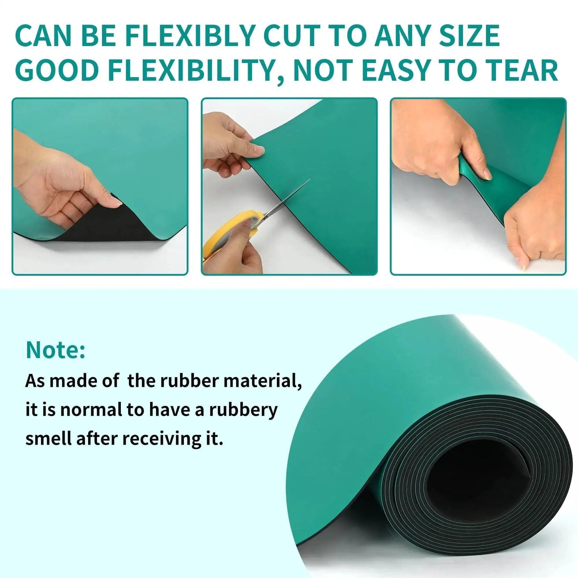 Large ESD Grounding Desk Mat Roll 23.6 By 118 Inches being flexibly cut, showing green anti static rubber material resistent to oil and grease