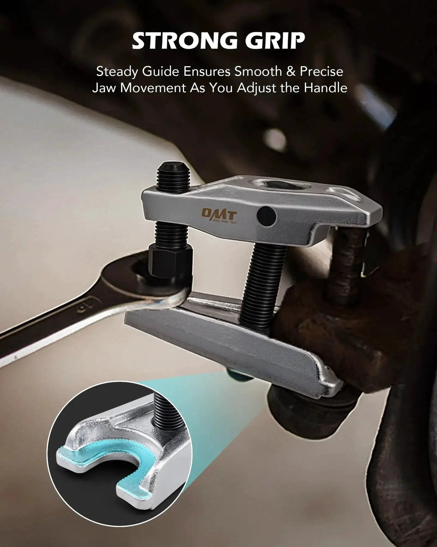 Close-up of Ball Joint Separator And Pitman Arm Puller Set For Front End Service 3 Piece in use on vehicle suspension.