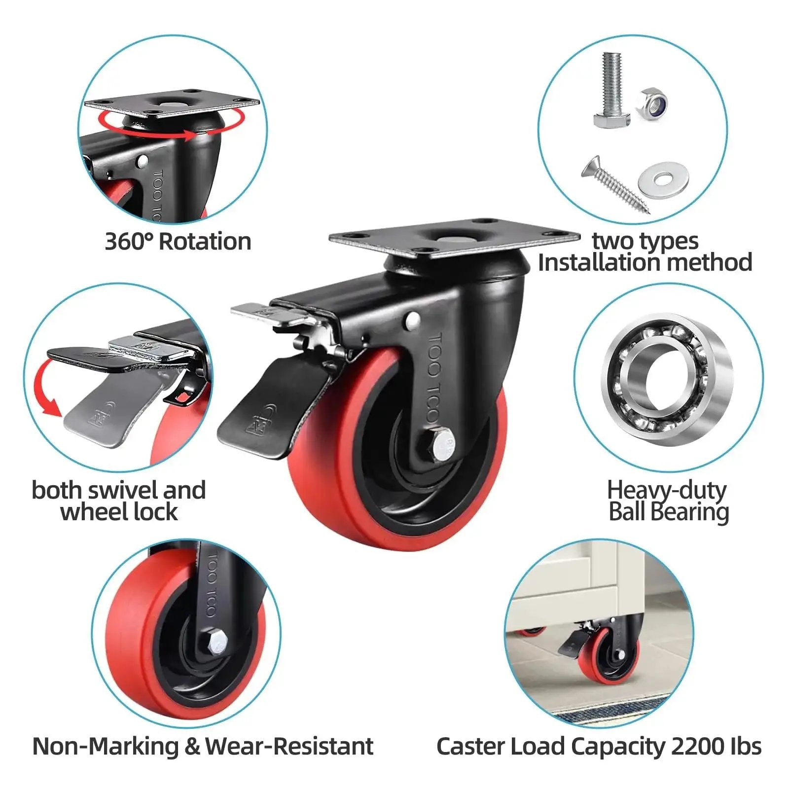 Heavy Duty 4 Inch Swivel Casters Set Of 4 With Brakes, 2200 Lb Capacity, Silent TPR Rubber Wheels, Industrial Plate Castors