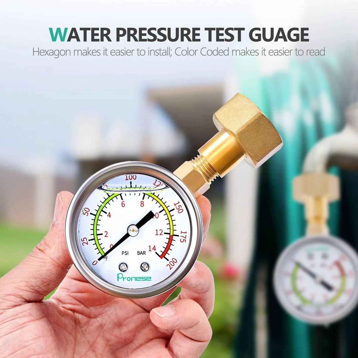 Stainless Steel Water Pressure Gauge Kit With 2 Inch Dial, Color Coded Liquid Filled Gauge For Quick Readouts, 0 To 200 PSI
