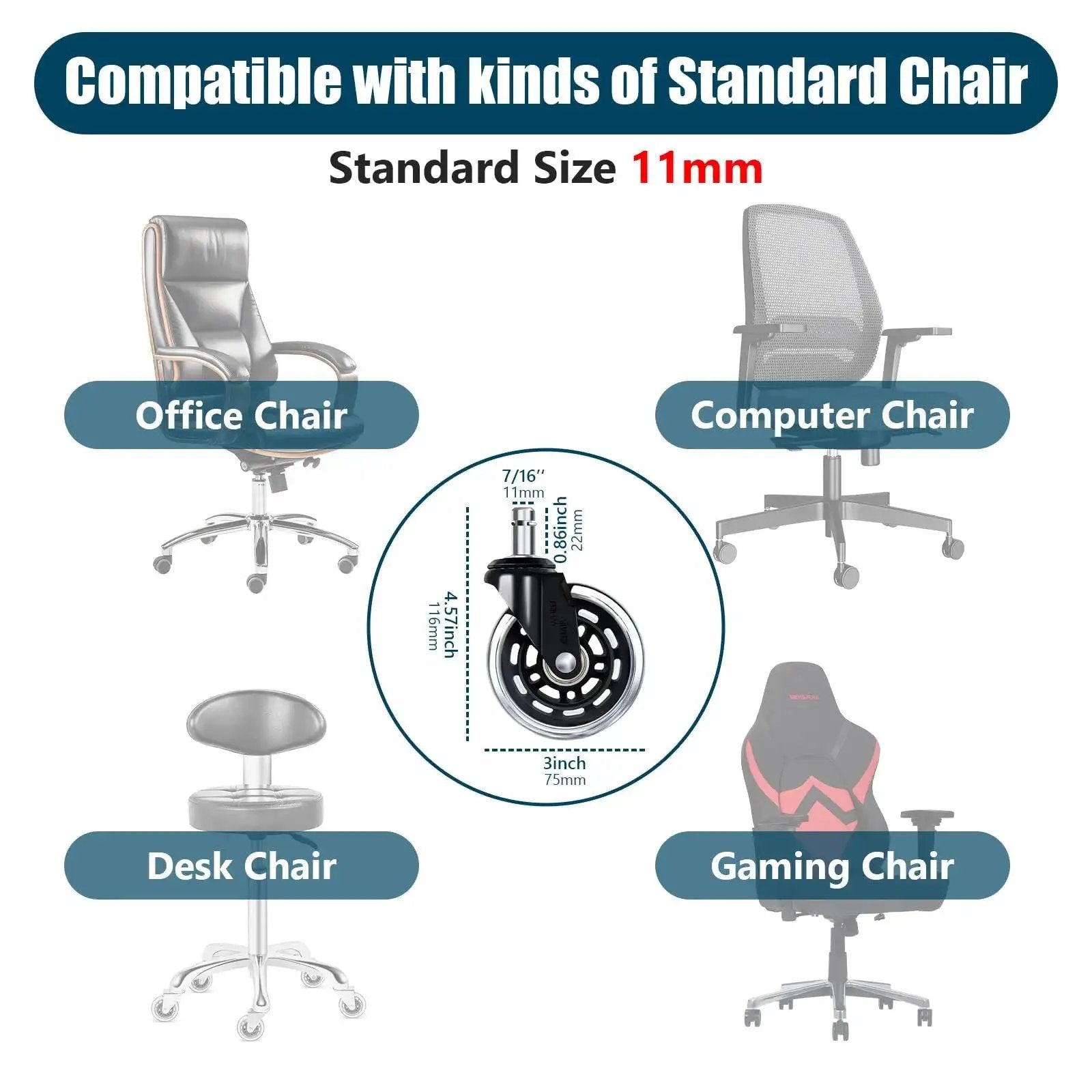 Set Of Five 3 Inch Smooth Replacement Chair Wheels With Rollerblade Style Bearings for office, desk, gaming chairs illustration