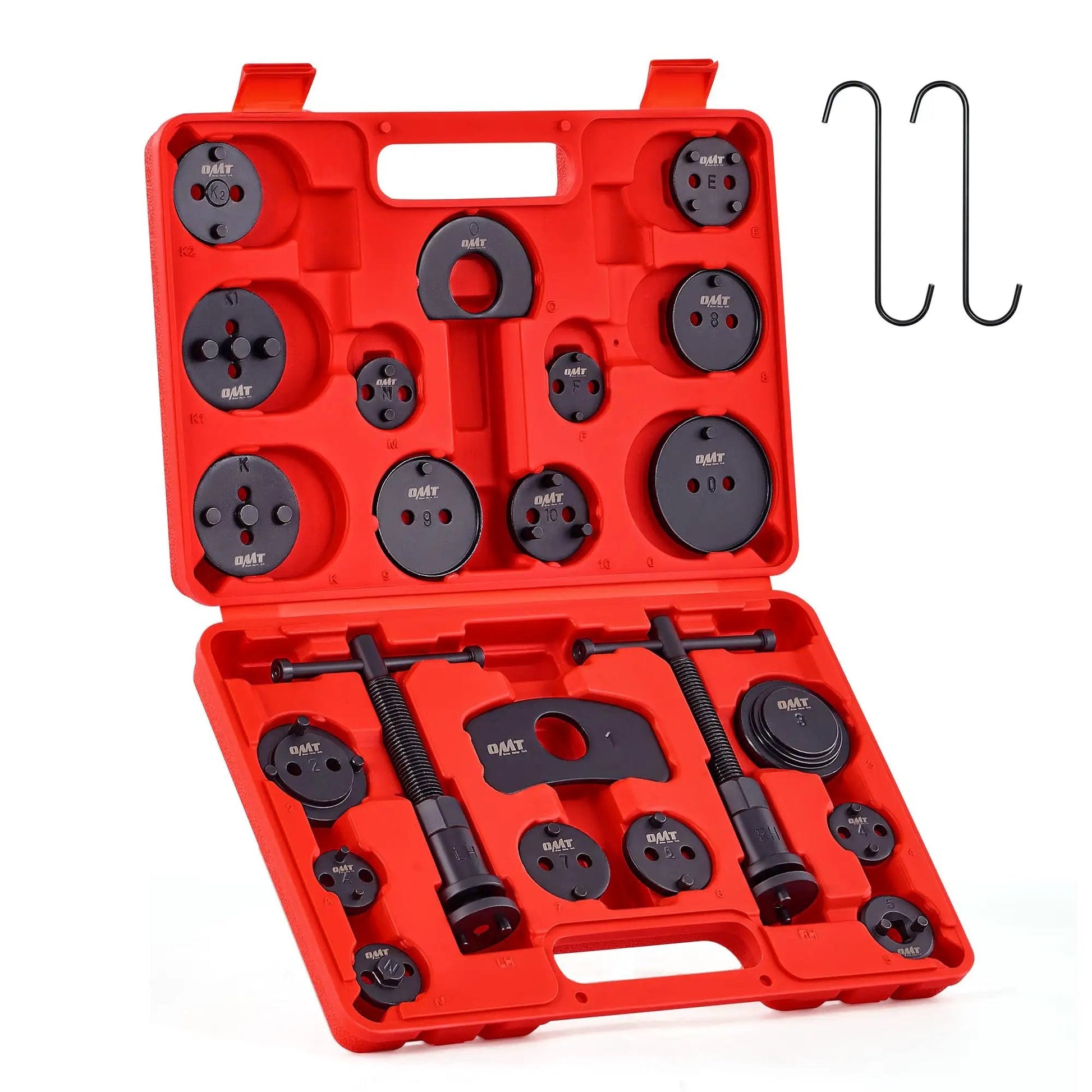 Universal Disc Brake Caliper Tool Kit 24 Piece Set For DIY Mechanics with wind back piston tool, adapters, and red case.