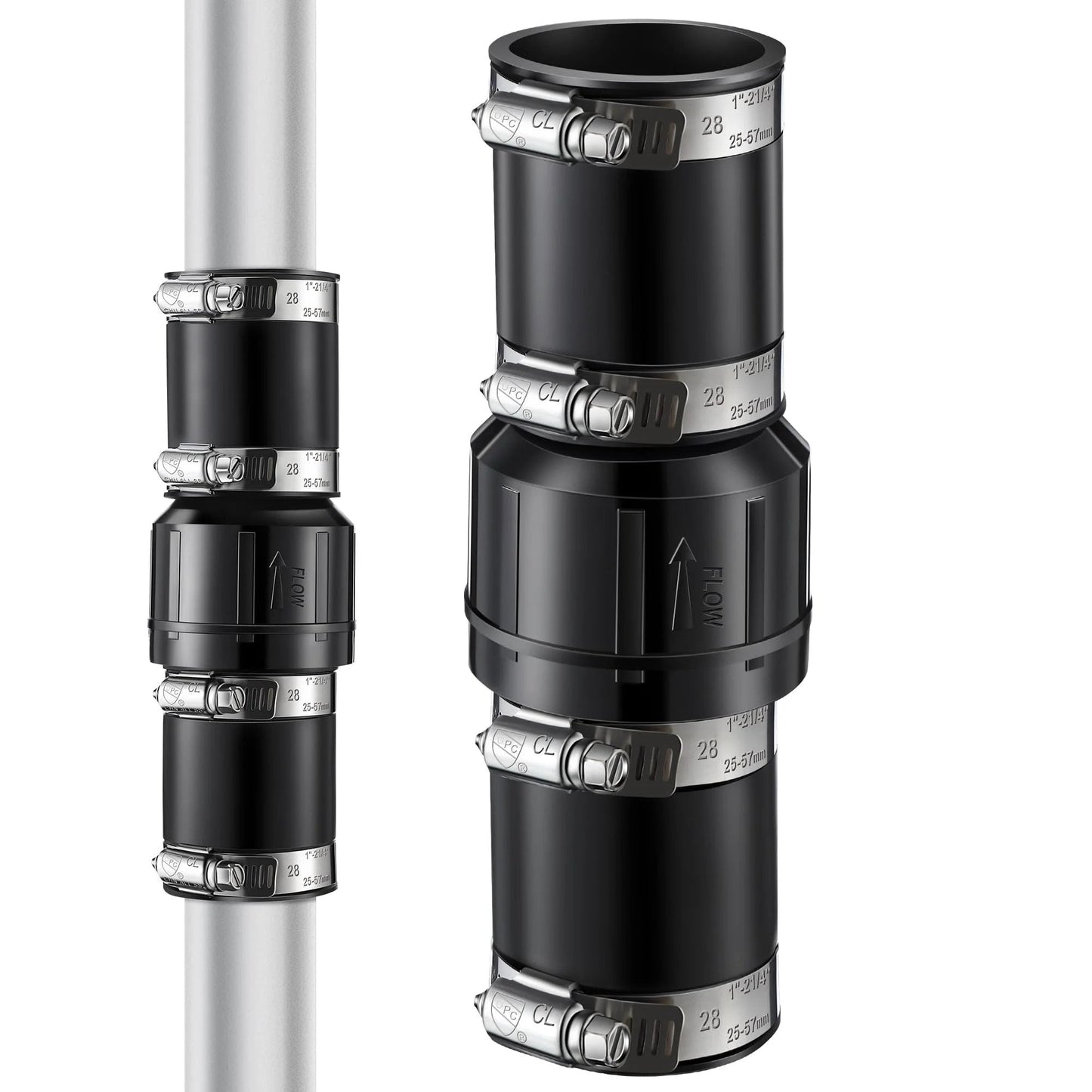 Sump Pump Check Valve For One And A Half Inch And One And A Quarter Inch Pipe Sizes Includes Four Stainless Steel Hose Clamps ABS Plastic Body Keeps Your Basement Dry Prevents Leaks And Extends System Life Built To Last By Threlaco