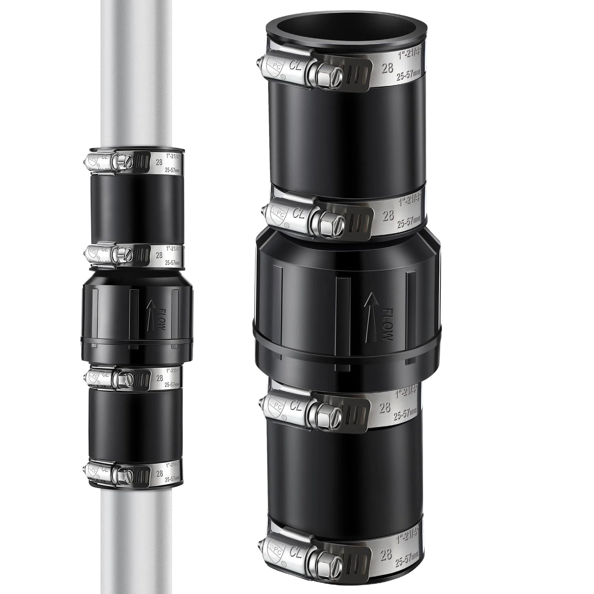 Sump Pump Check Valve For One And A Half Inch And One And A Quarter Inch Pipe Sizes Includes Four Stainless Steel Hose Clamps ABS Plastic Body Keeps Your Basement Dry Prevents Leaks And Extends System Life Built To Last By Threlaco