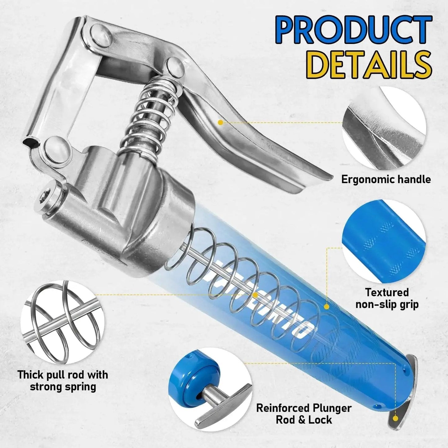 All-In-One Mini Grease Gun Kit With 3oz Cartridges, featuring reinforced plunger rod and ergonomic handle, close-up view