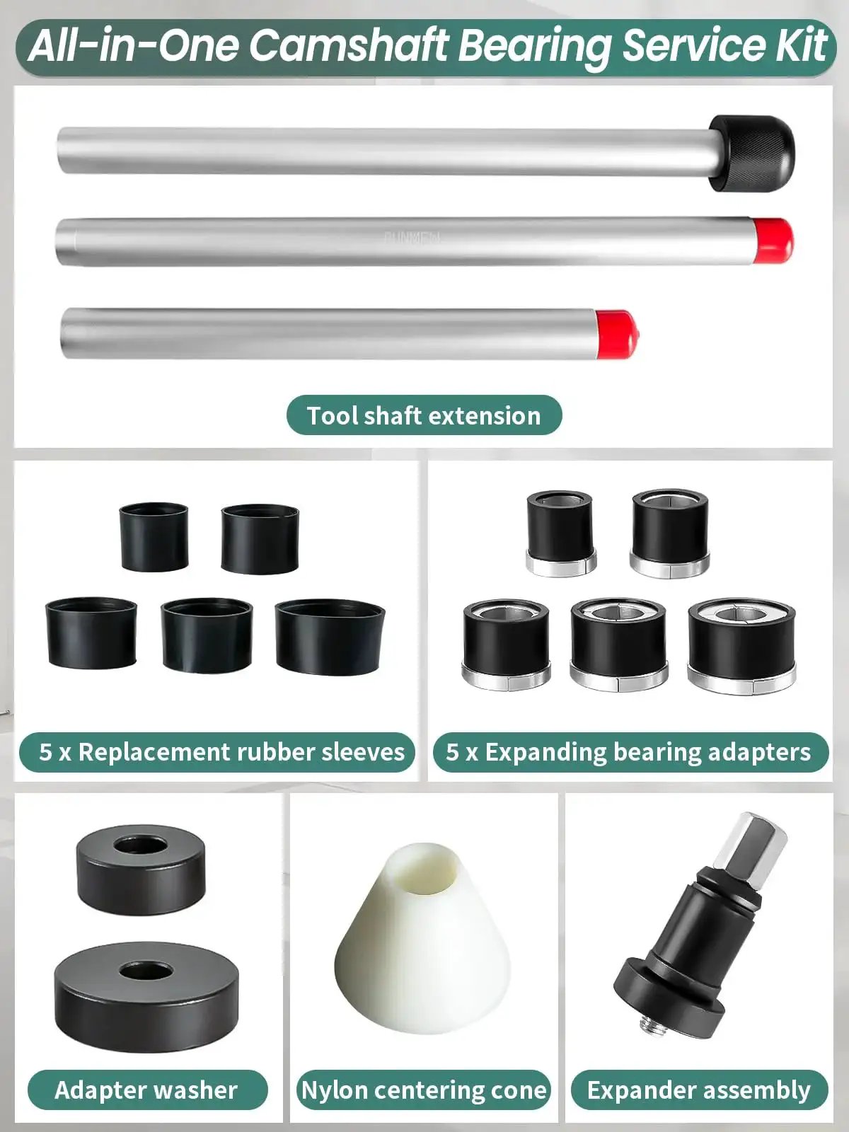 Cam Bearing Removal And Installation Tool Kit with adapters, neoprene sleeves, and extensions for domestic/imported vehicles, durable steel