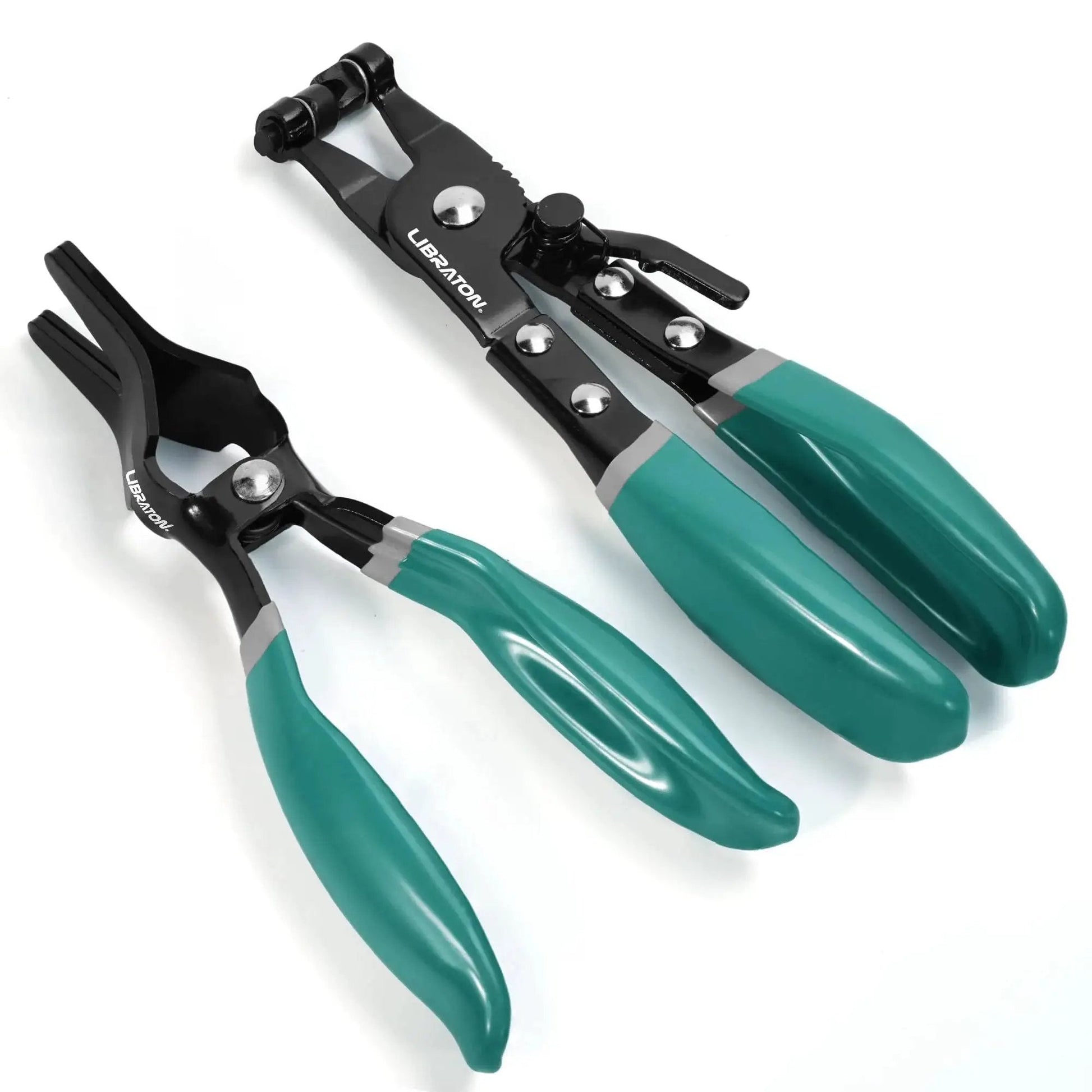 2 Piece Hose Clamp Pliers Set With Swivel Pliers For Removal And Installation, black and green pliers displayed on white background