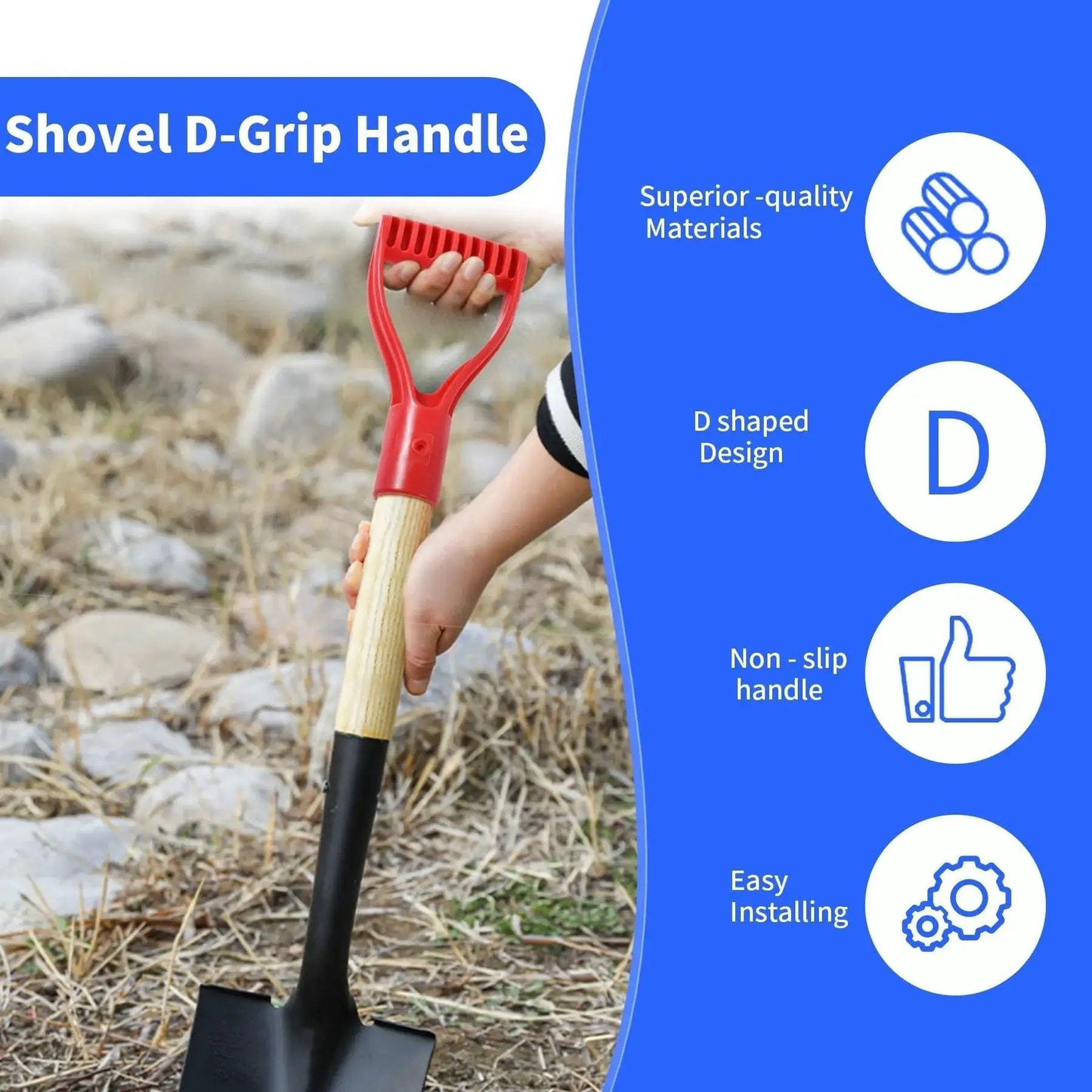 Two Pack Red D Shaped PVC Shovel Handle Grips For Plastic Spades Replacement Snow Shovel Garden Tool attached to wooden shovel on ground