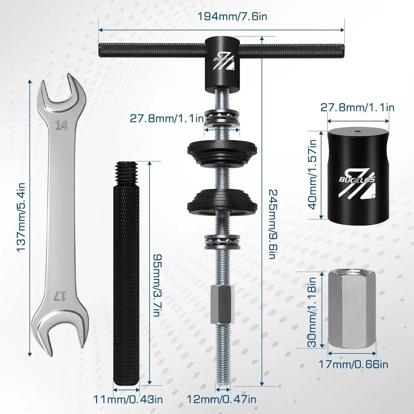 Aluminum Alloy Bicycle Headset Press In Tool And Bottom Bracket Install Kit with measurements and components shown
