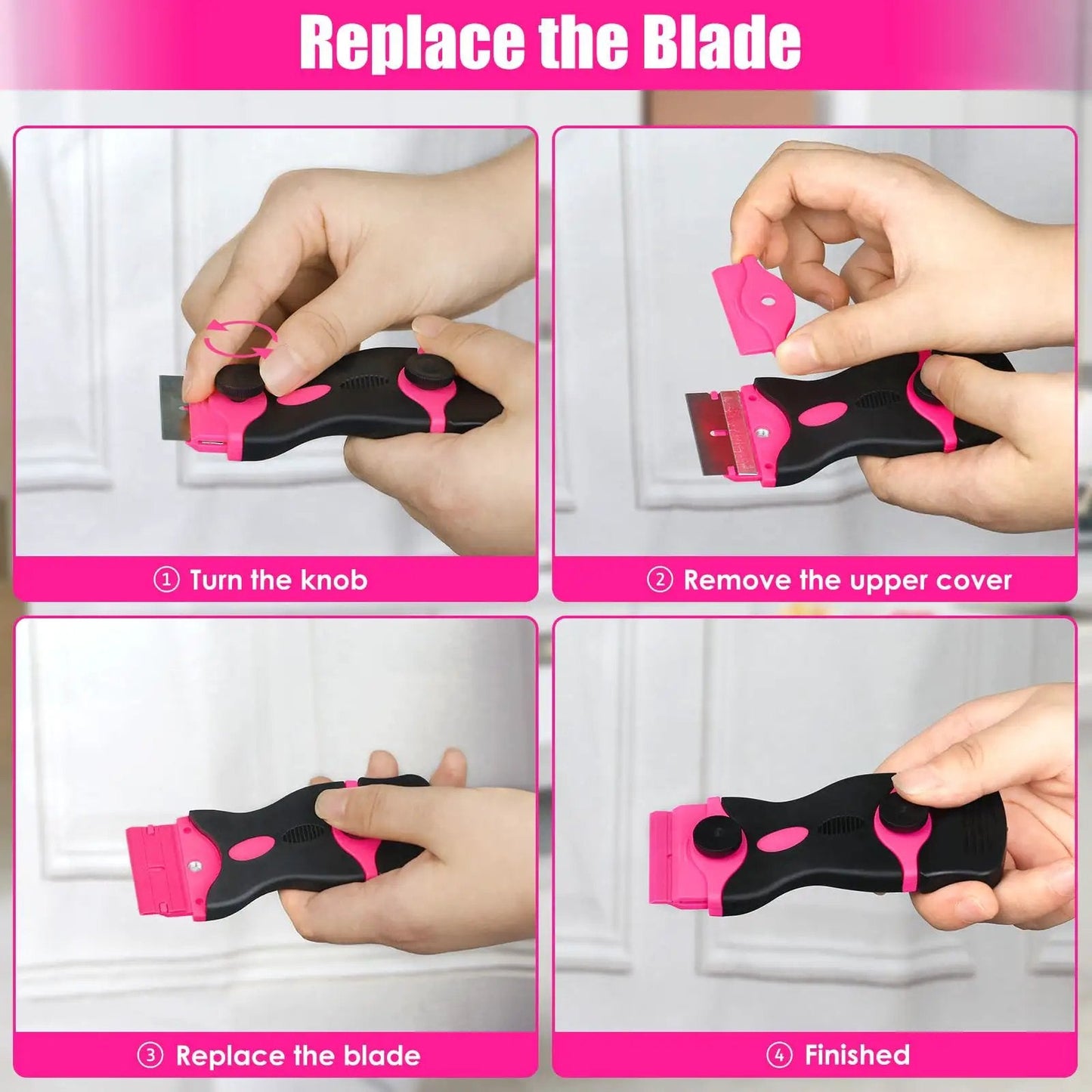 Pink Razor Scraper Kit With 3 Scrapers And 45 Replacement Blades step-by-step blade replacement instructions.
