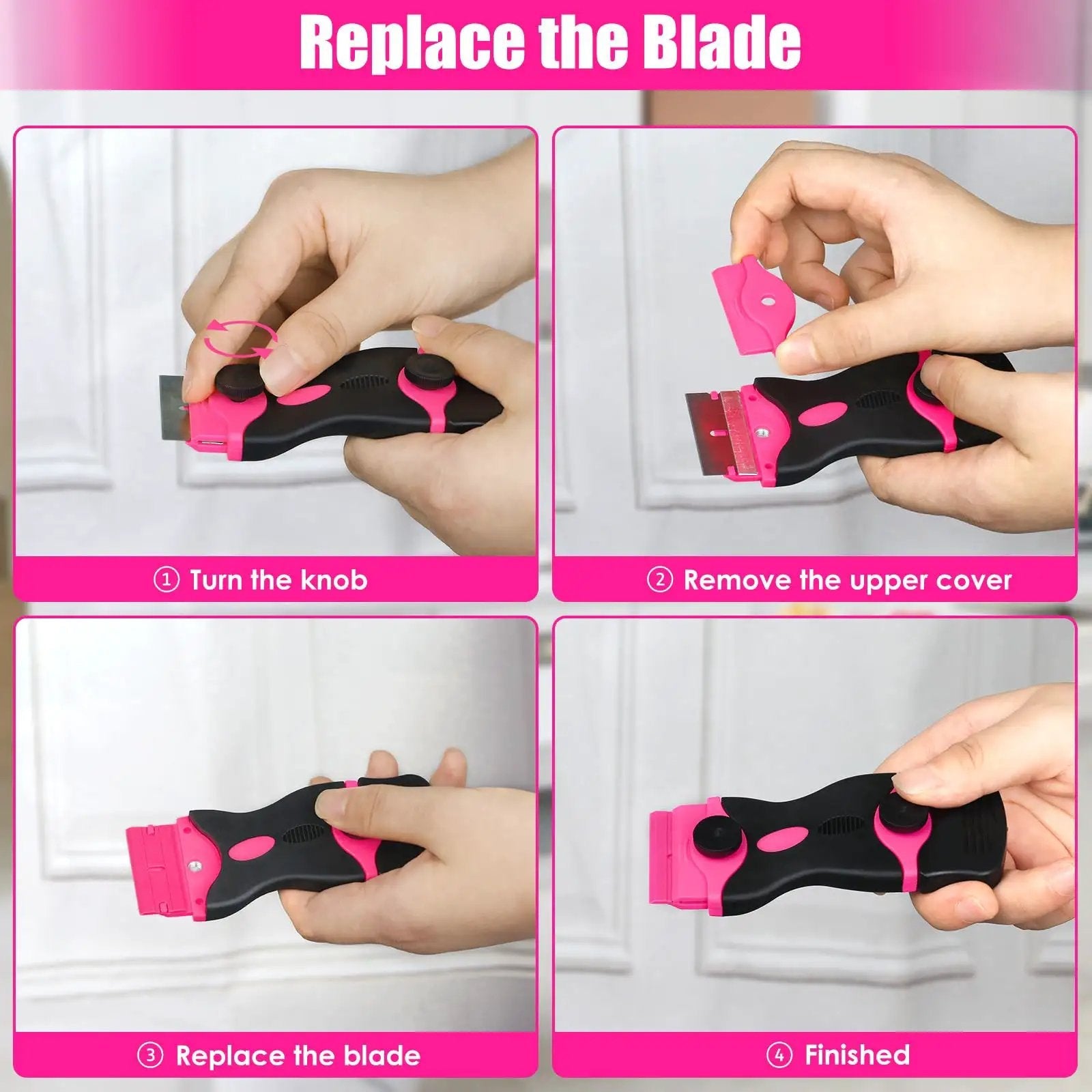 Pink Razor Scraper Kit With 3 Scrapers And 45 Replacement Blades step-by-step blade replacement instructions.
