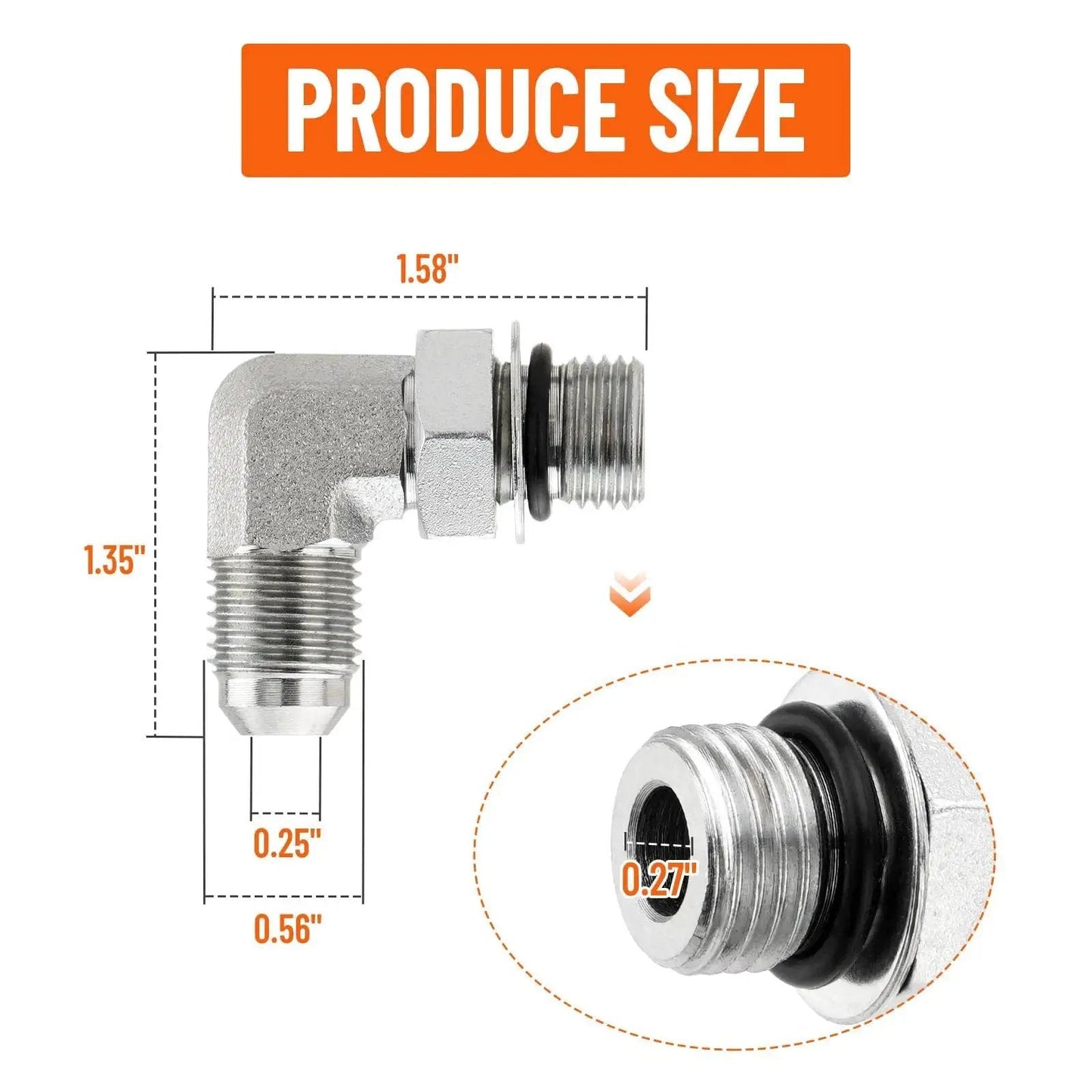 Product size details of Five Pack 90 Degree Elbow Hydraulic Hose Fittings Three Eighths Inch JIC 37 Degree Male To SAE ORB Male End Connectors.
