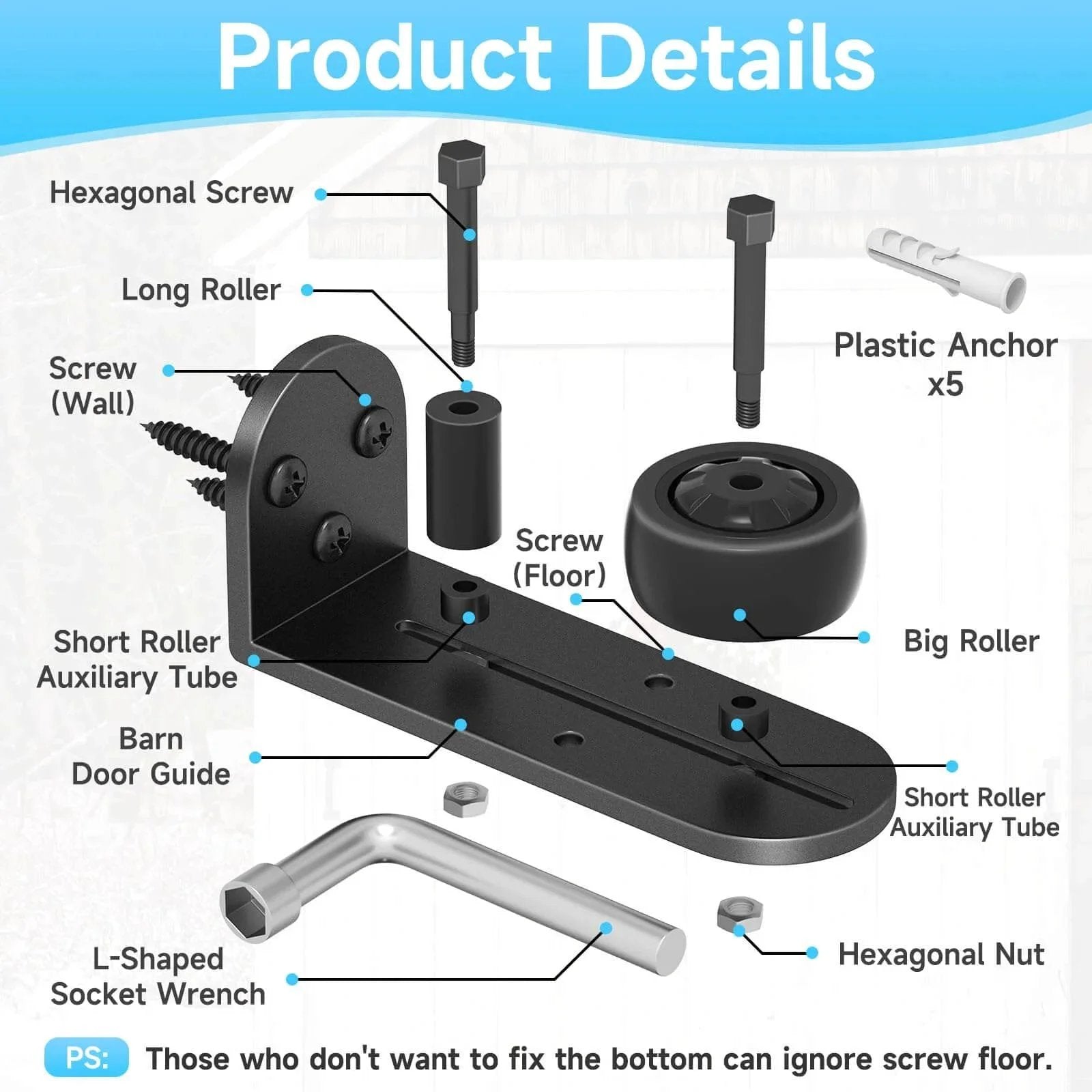 Sliding Barn Door Floor Guide With Adjustable Rubber Rollers, Flush Flat Bottom And Round Edge Design, showing components and fittings