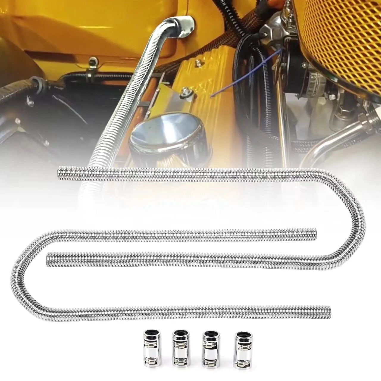 Flexible 44 Inch Stainless Steel Heater Hose Kit Universal For 5/8 And 3/4 Inch Necks With Adjustable Length And Clamp, Includes Two Hoses And Four Chrome Caps In Silver Finish For Easy Install And Smooth Fit visible on white background with engine.