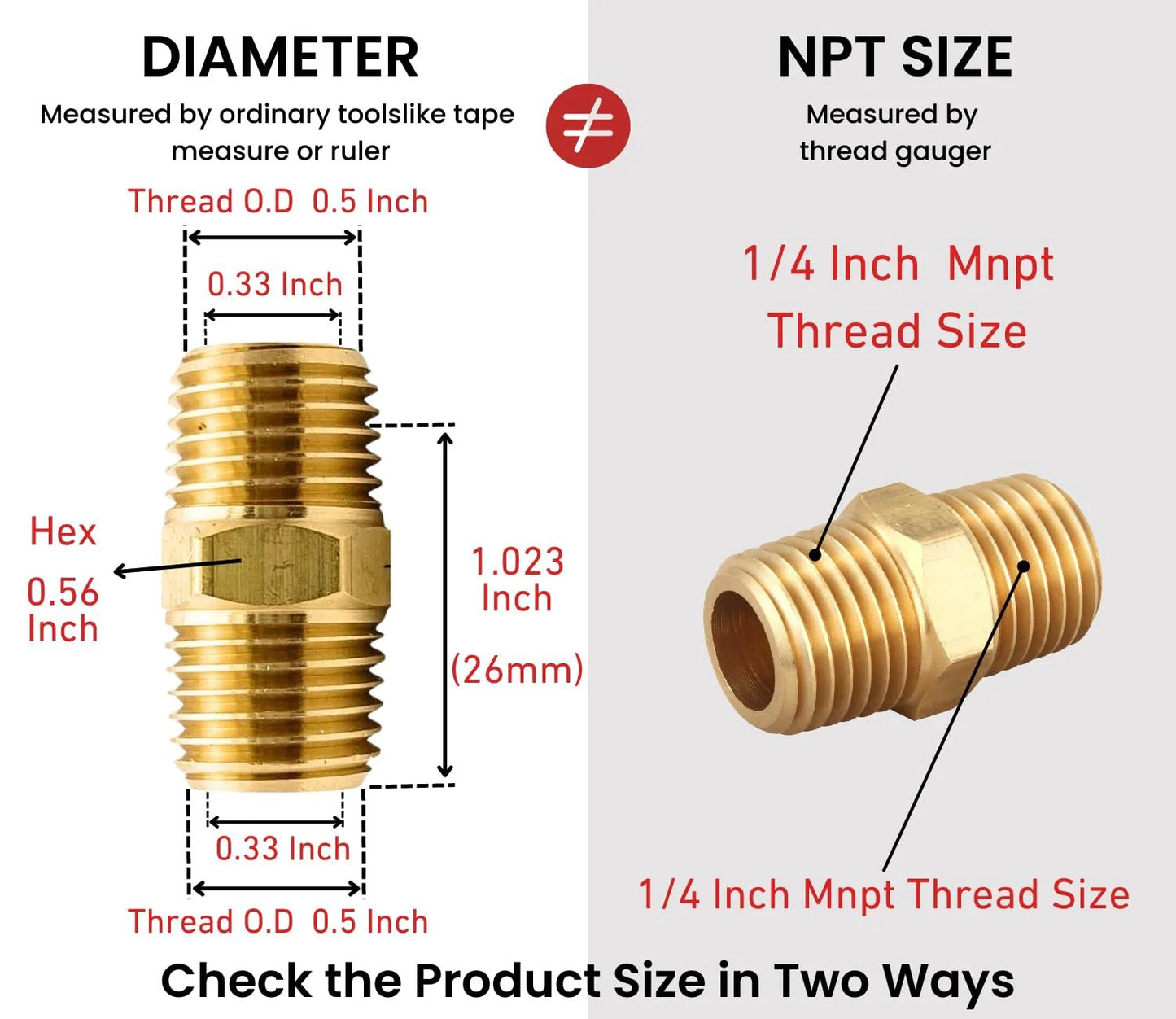 Brass NPT Hex Nipples One Quarter Inch NPT Male To One Quarter Inch NPT Male Pipe Fittings One Half Inch OD To One Half Inch OD Air Hose And Plumbing Connector Kit Ten Piece Set Easy Install For Quick Leak Free Connections showing dimensions and thread size.