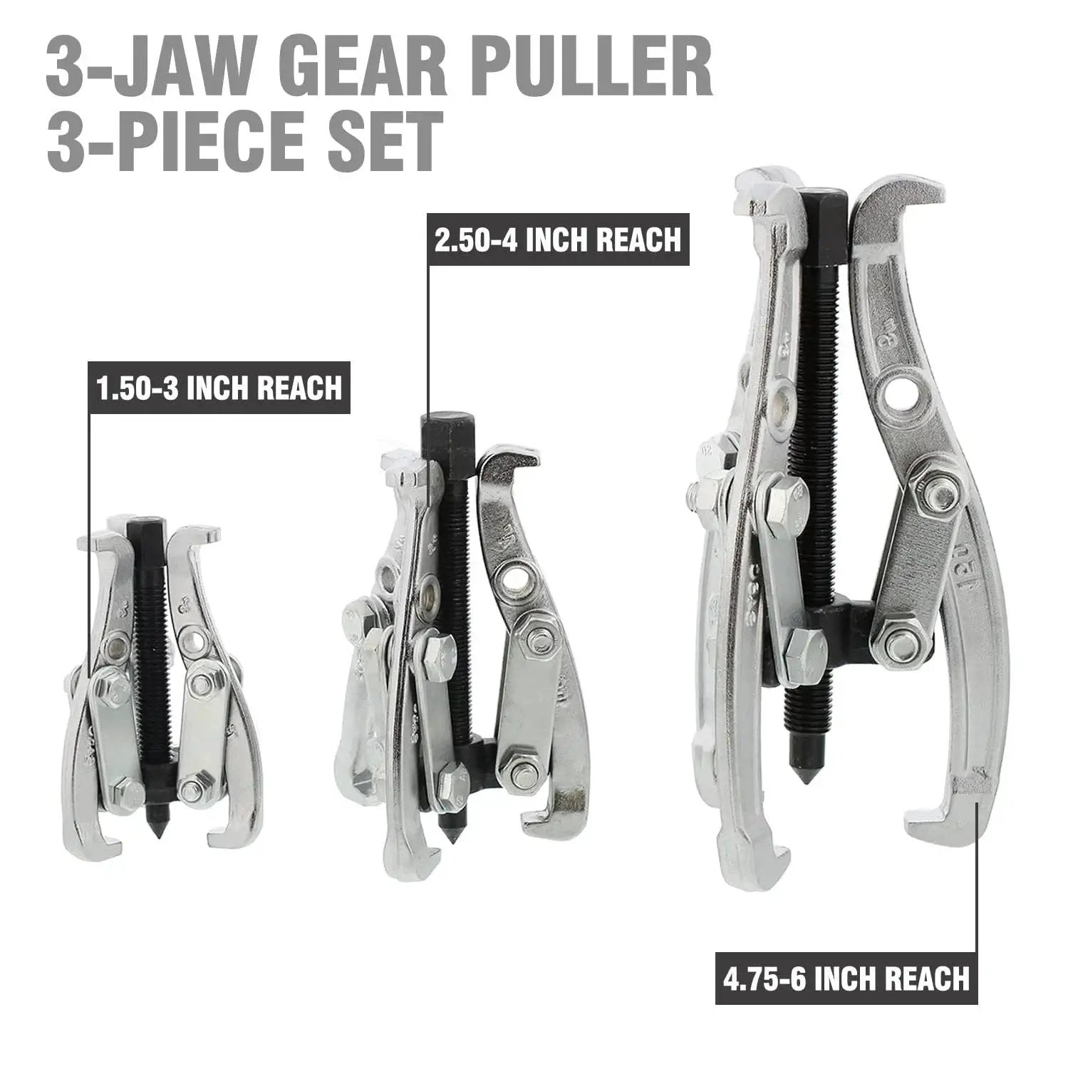 Three Jaw Gear Puller Tool Set With Reversible Jaws For Bearing And Pulley Removal, showing 3, 4, 6 inch sizes