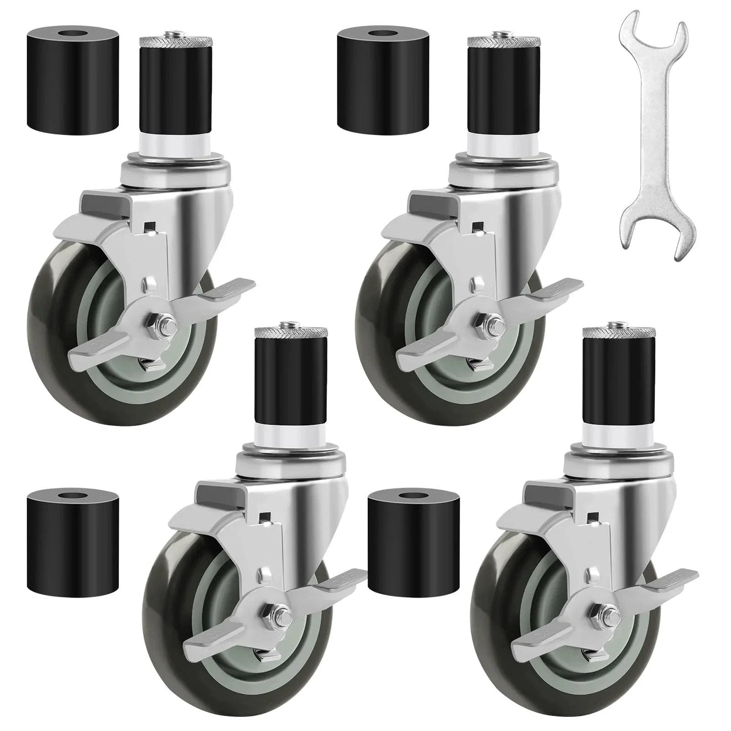 4 Inch Prep Table Caster Wheels Set Of 4 With Expanding Stem From One And A Half Inch To One And Five Eighths Inch Swivel Casters With Side Brake