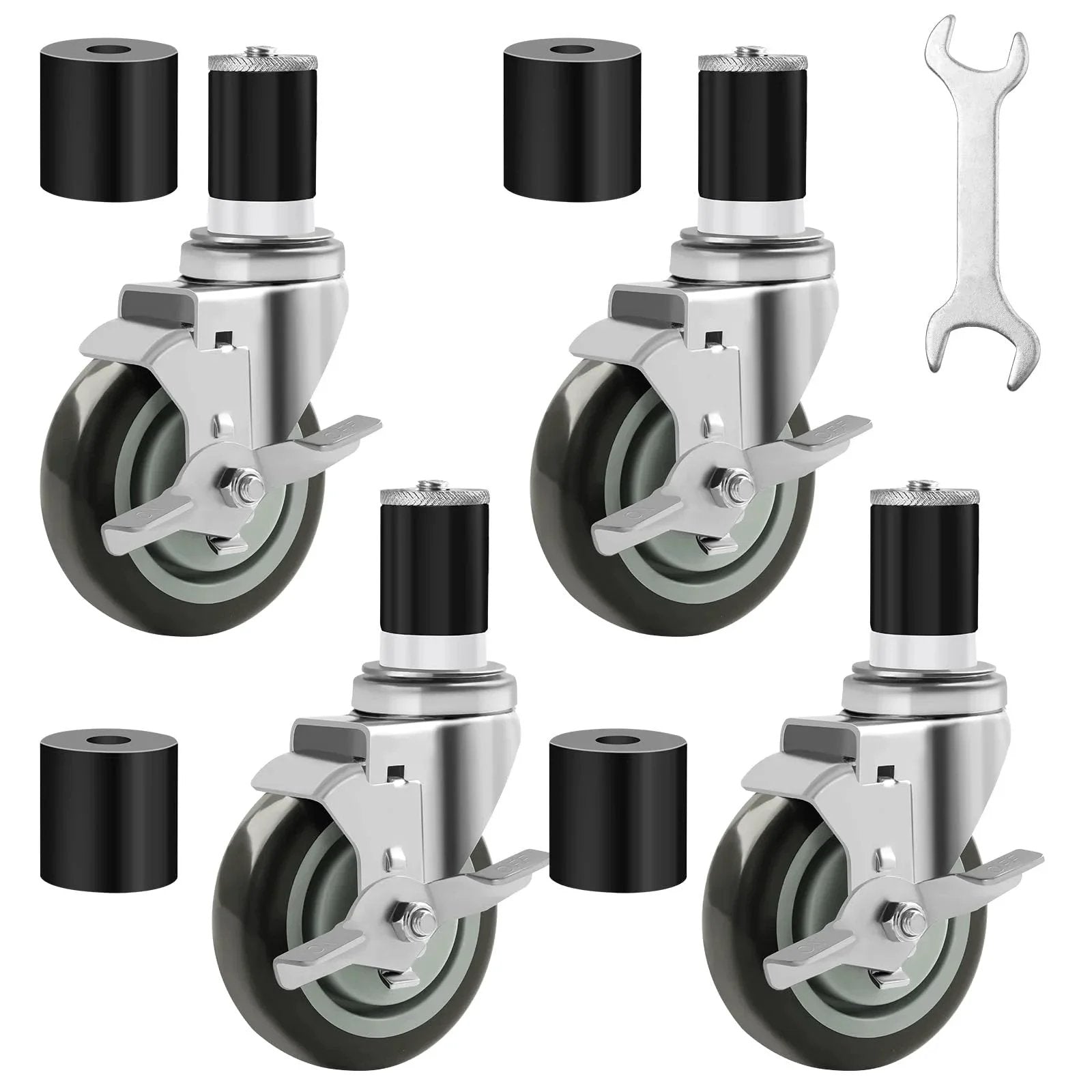 4 Inch Prep Table Caster Wheels Set Of 4 With Expanding Stem From One And A Half Inch To One And Five Eighths Inch Swivel Casters With Side Brake